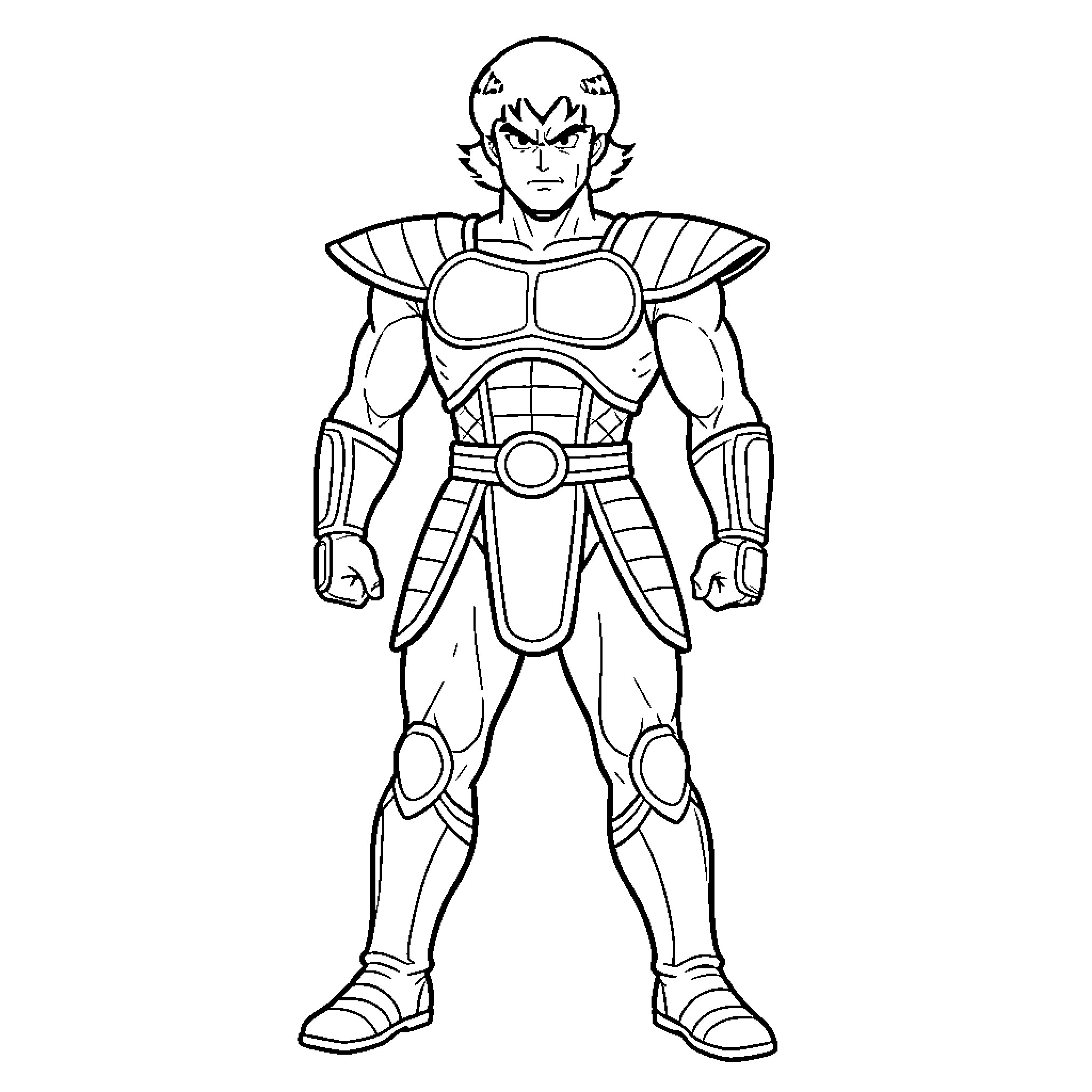 Bardock standing in battle armor with a serious expression Coloring Page (free black-and-white line drawing printable PDF for all, from beginners to advanced learners, including children, teens, adults, and seniors)