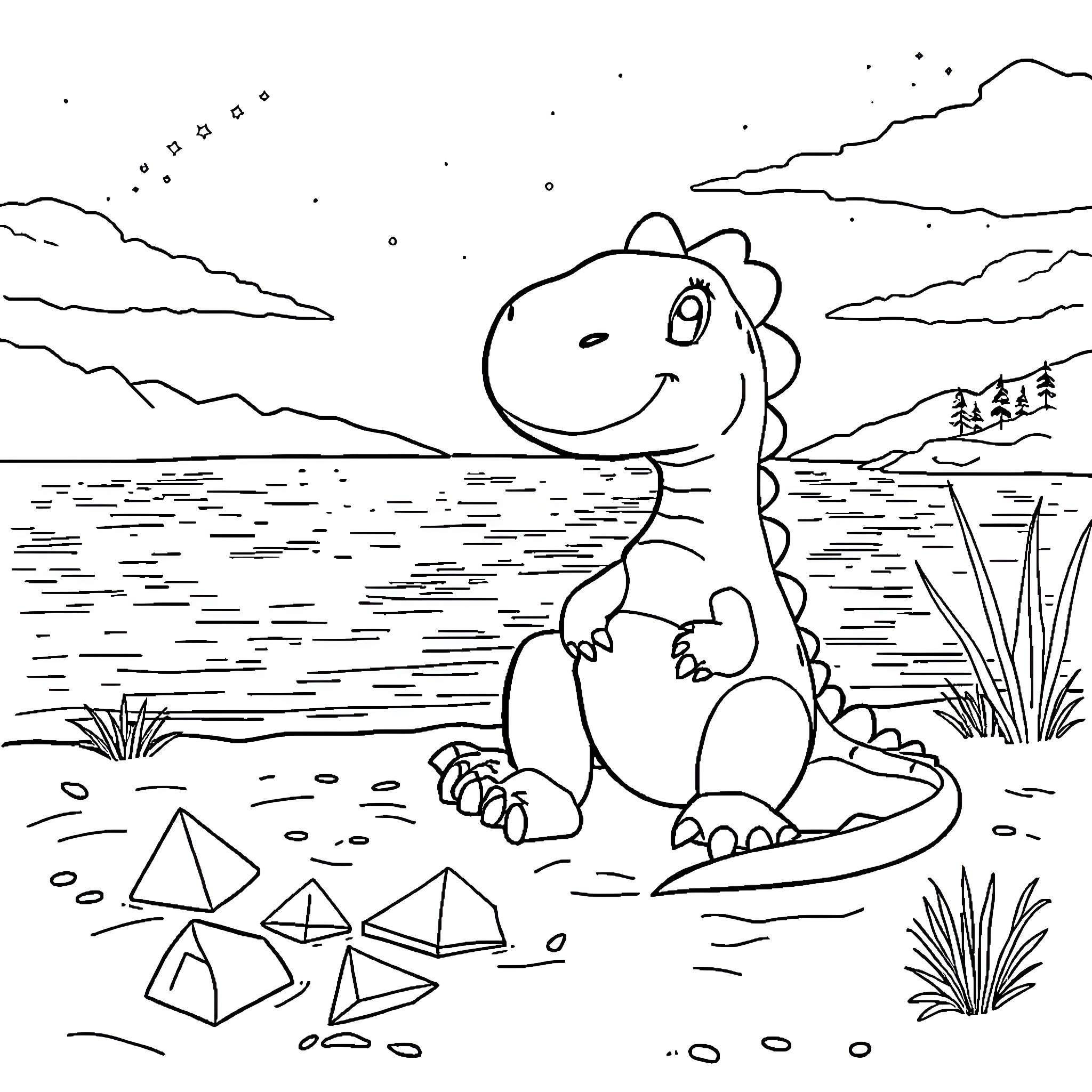 Dinosaur playing by the lake with geometric shapes Coloring Page (free black-and-white line drawing printable PDF for all, from beginners to advanced learners, including children, teens, adults, and seniors)