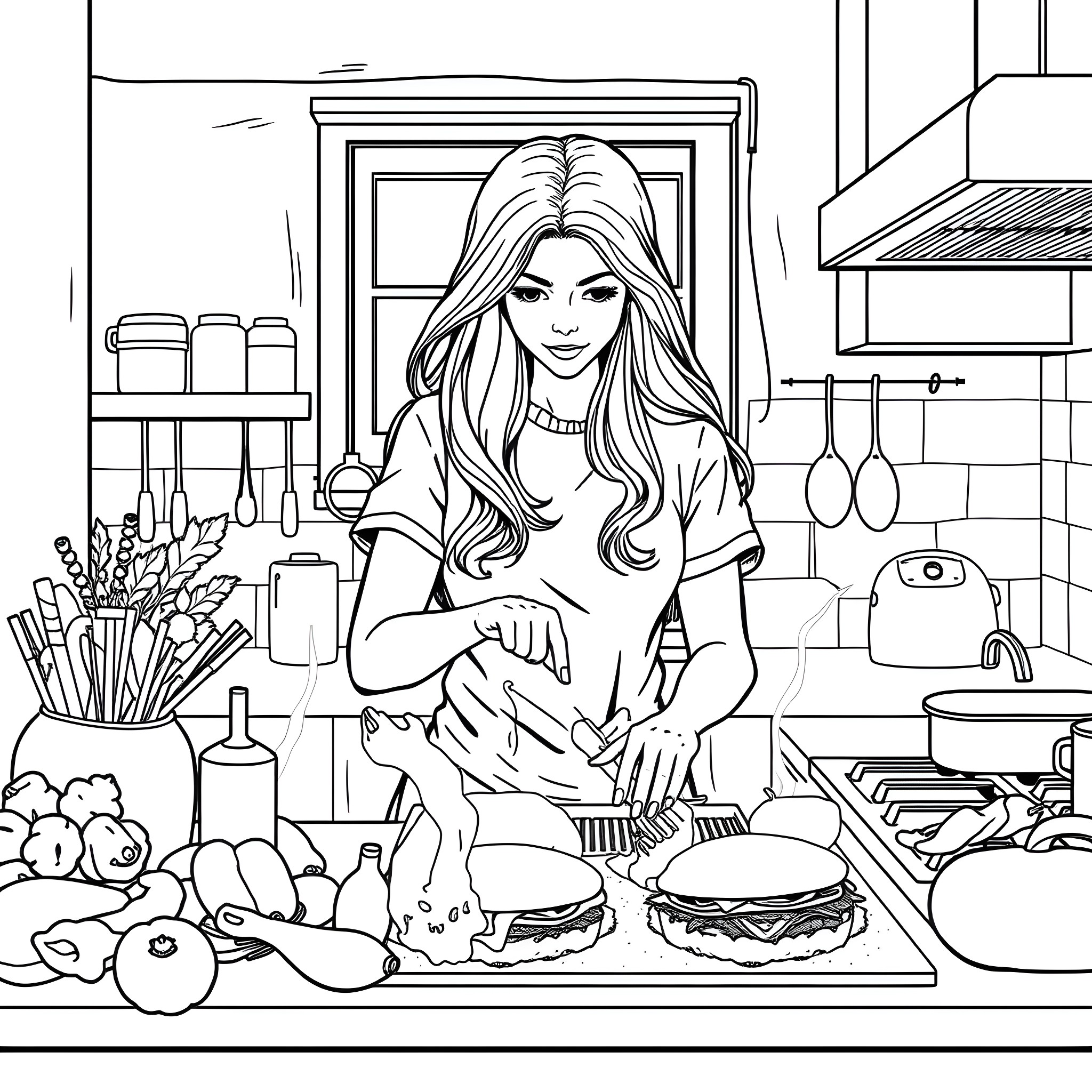 Wife cooking a delicious meal in the kitchen Coloring Page (free black-and-white line drawing printable PDF for all, from beginners to advanced learners, including children, teens, adults, and seniors)