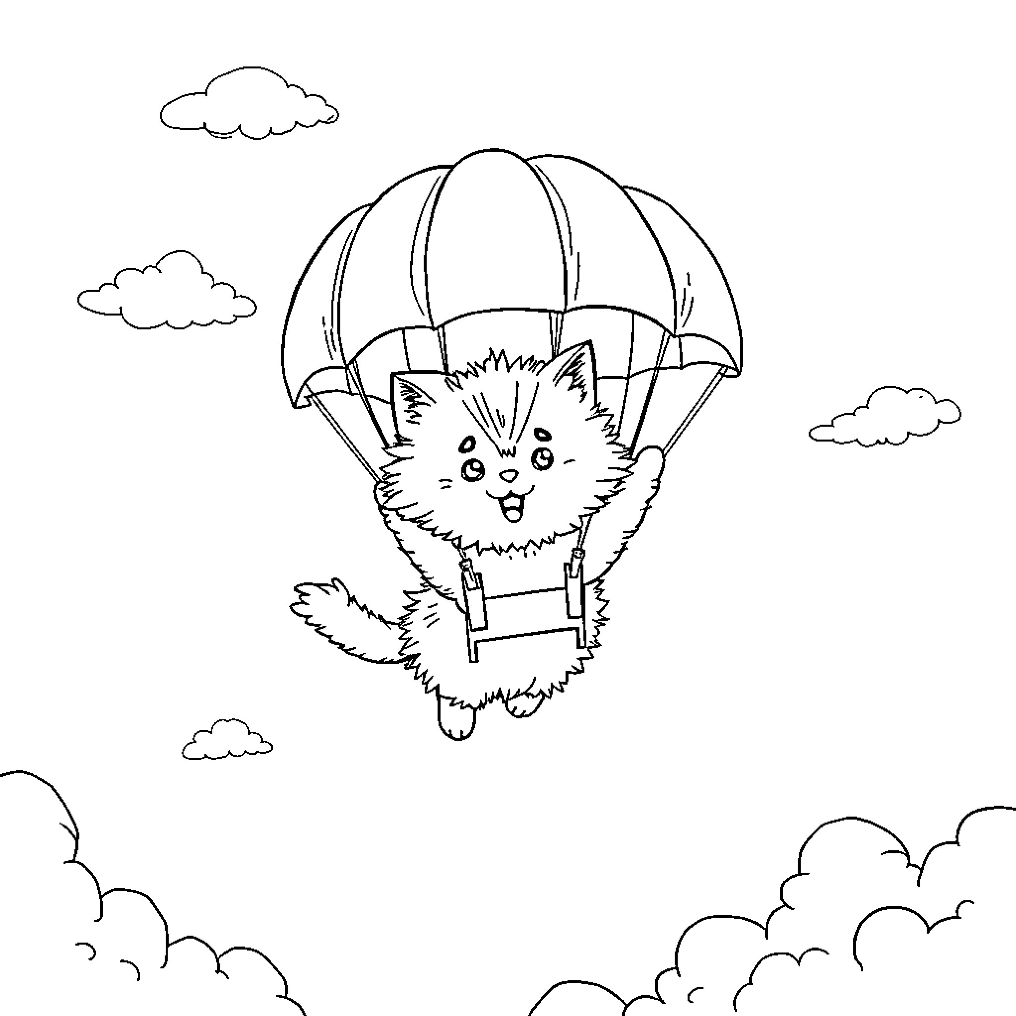 Cat skydiving with parachute in the sky Coloring Page (free black-and-white line drawing printable PDF for all, from beginners to advanced learners, including children, teens, adults, and seniors)
