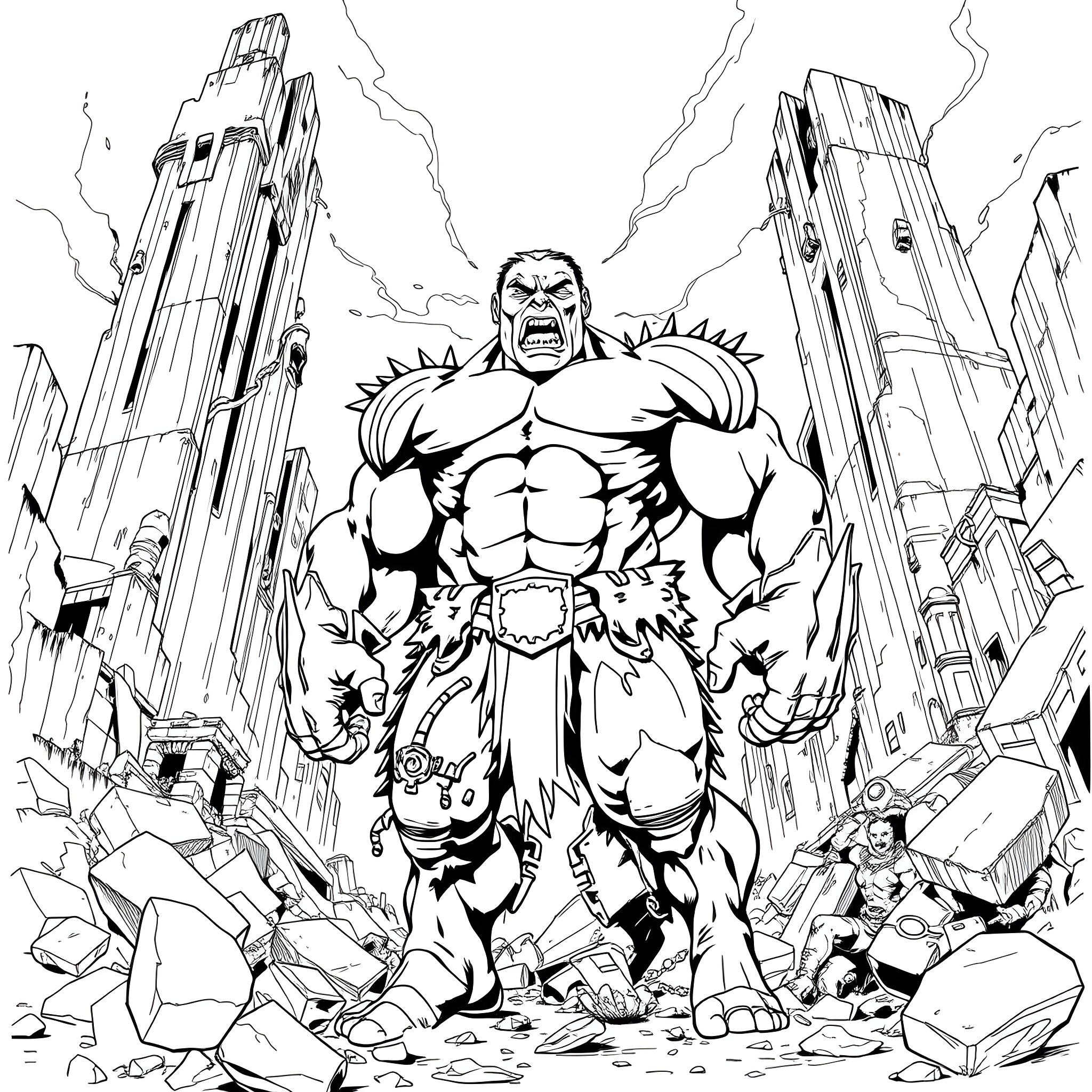 Skulk of a massive muscular beast in a destroyed city Coloring Page (free black-and-white line drawing printable PDF for all, from beginners to advanced learners, including children, teens, adults, and seniors)