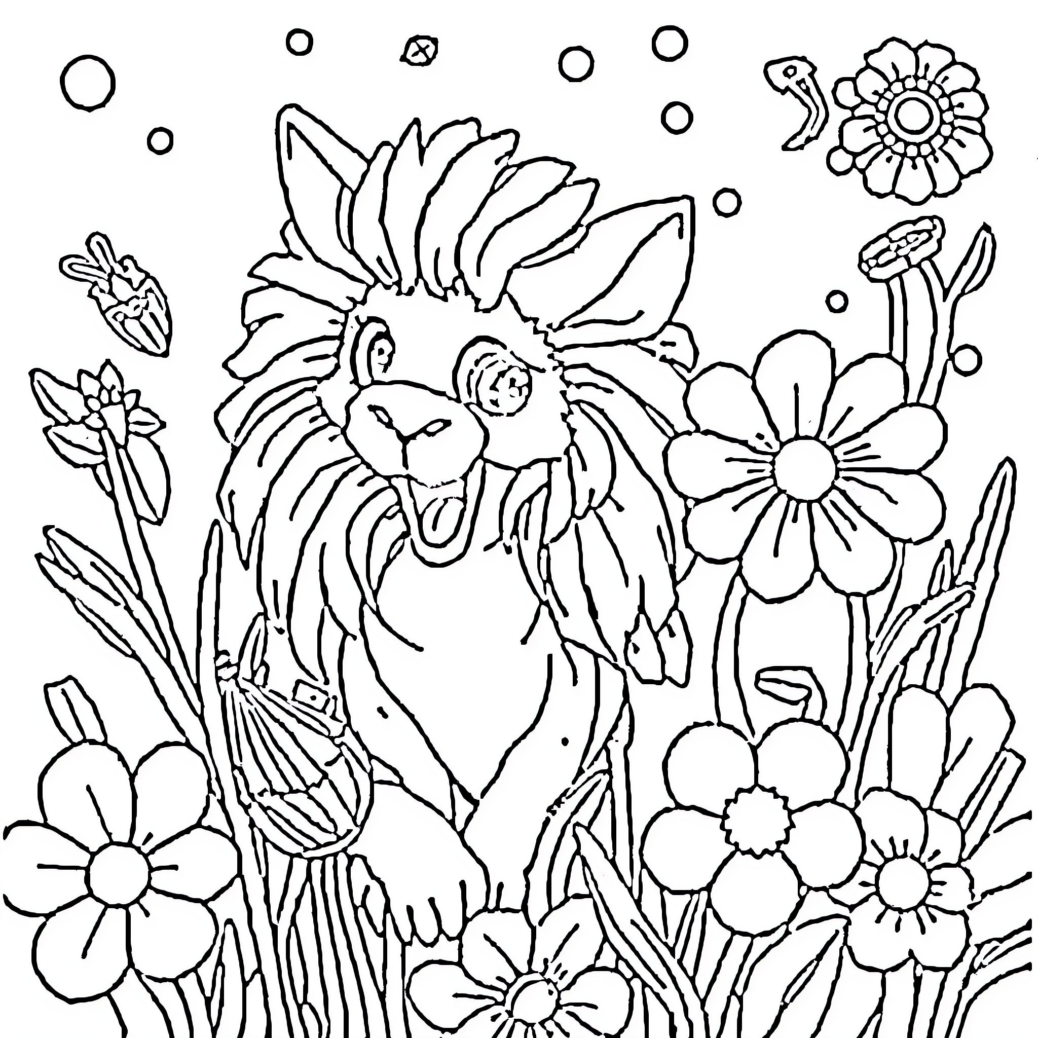 Labubu enjoying a flower garden Coloring Page (free black-and-white line drawing printable PDF for all, from beginners to advanced learners, including children, teens, adults, and seniors)