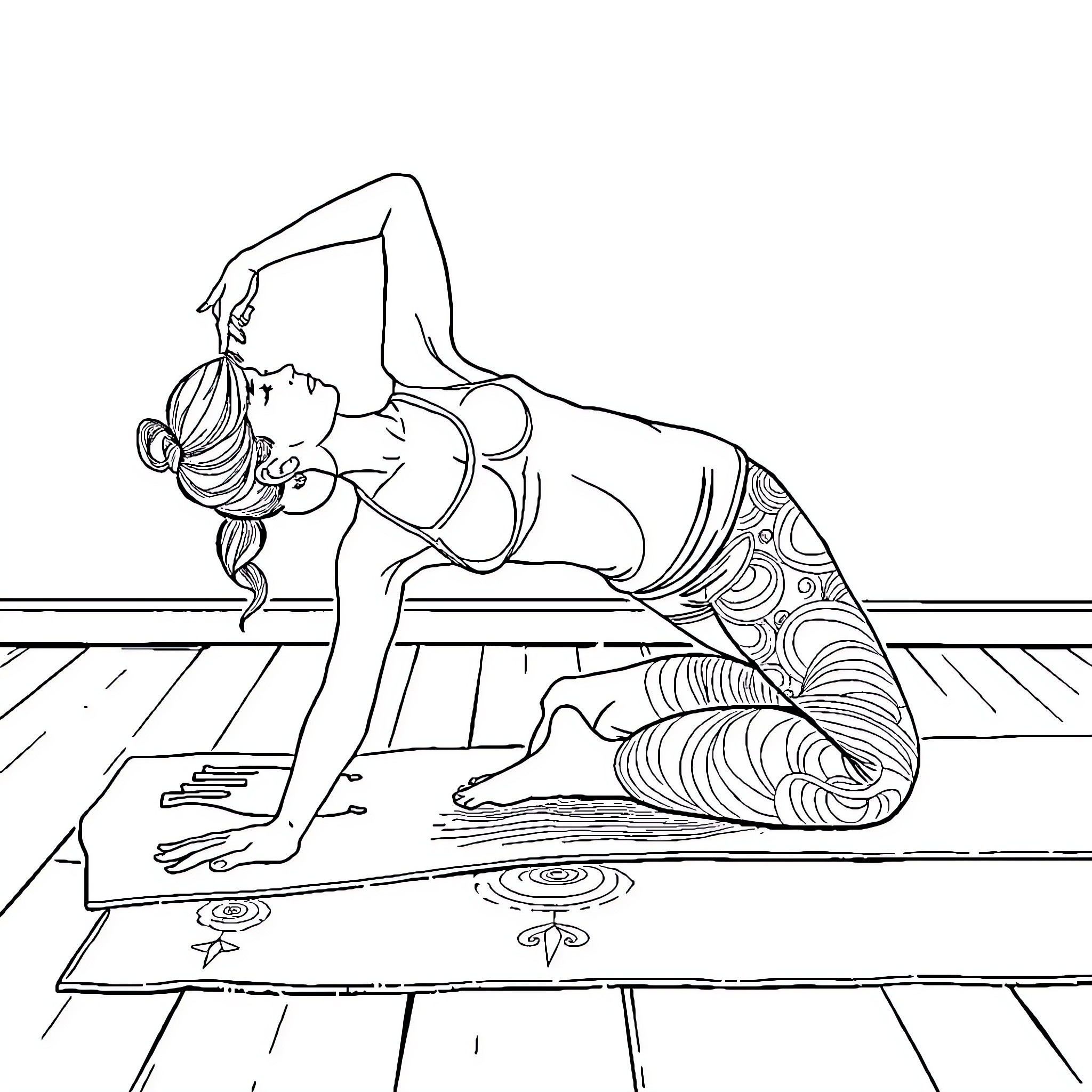 Wild Boar performing yoga pose on wooden floor Coloring Page (free black-and-white line drawing printable PDF for all, from beginners to advanced learners, including children, teens, adults, and seniors)
