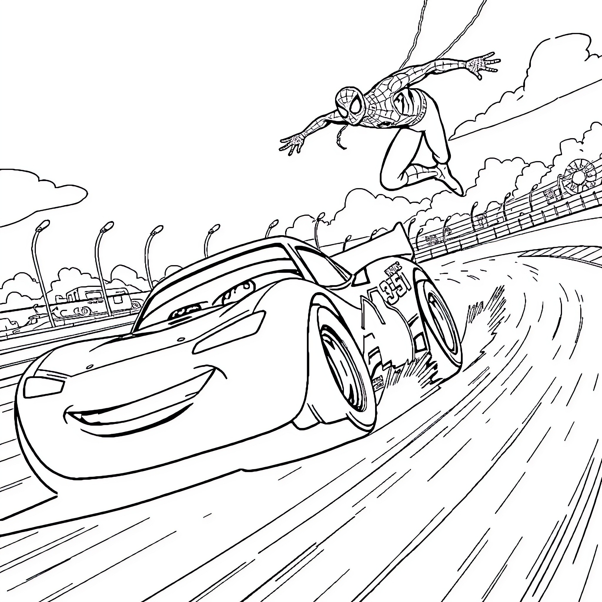 McQueen's Thrilling Race with Spiderman in the Sky Coloring Page (free black-and-white line drawing printable PDF for all, from beginners to advanced learners, including children, teens, adults, and seniors)