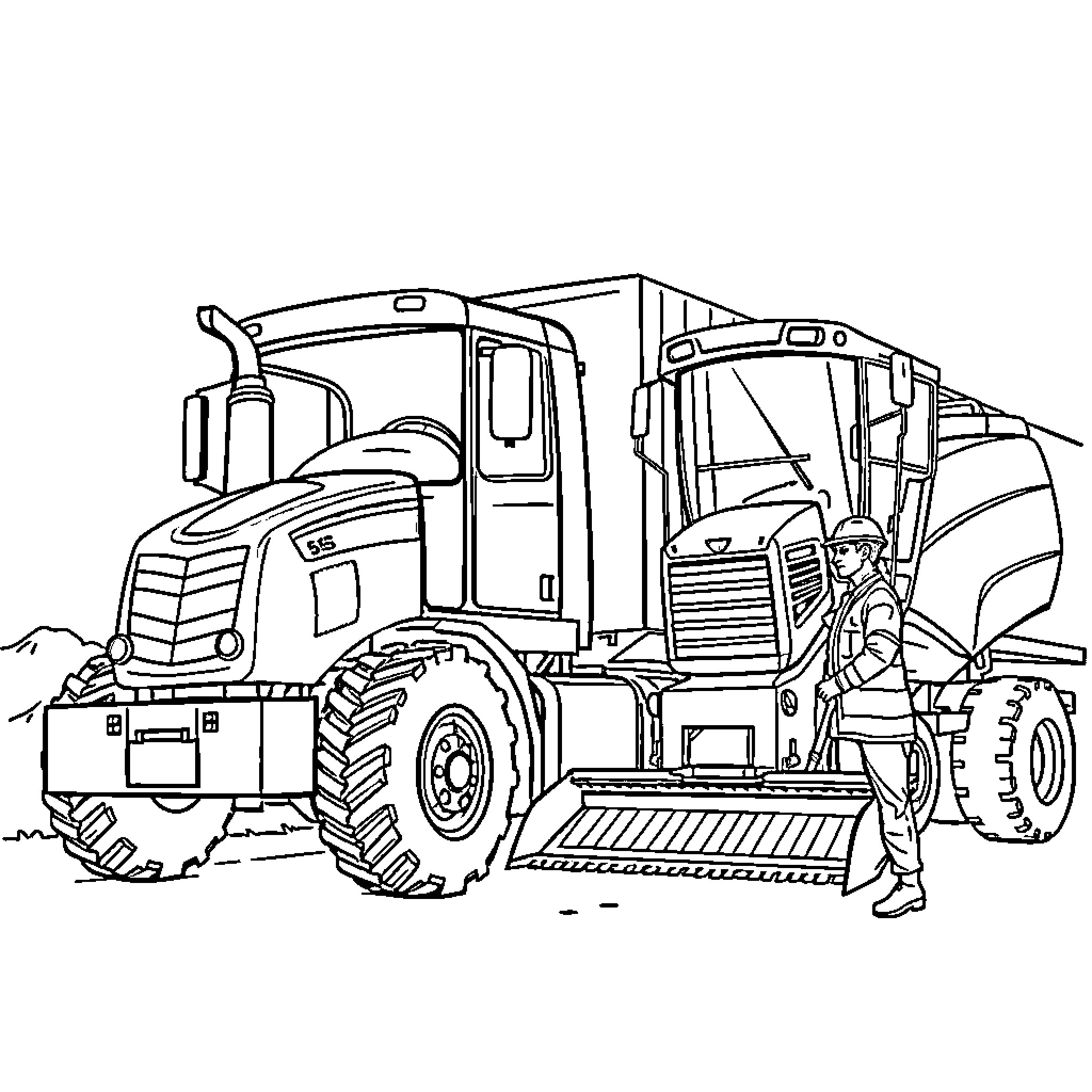Tractor with operator performing maintenance Coloring Page (free black-and-white line drawing printable PDF for all, from beginners to advanced learners, including children, teens, adults, and seniors)