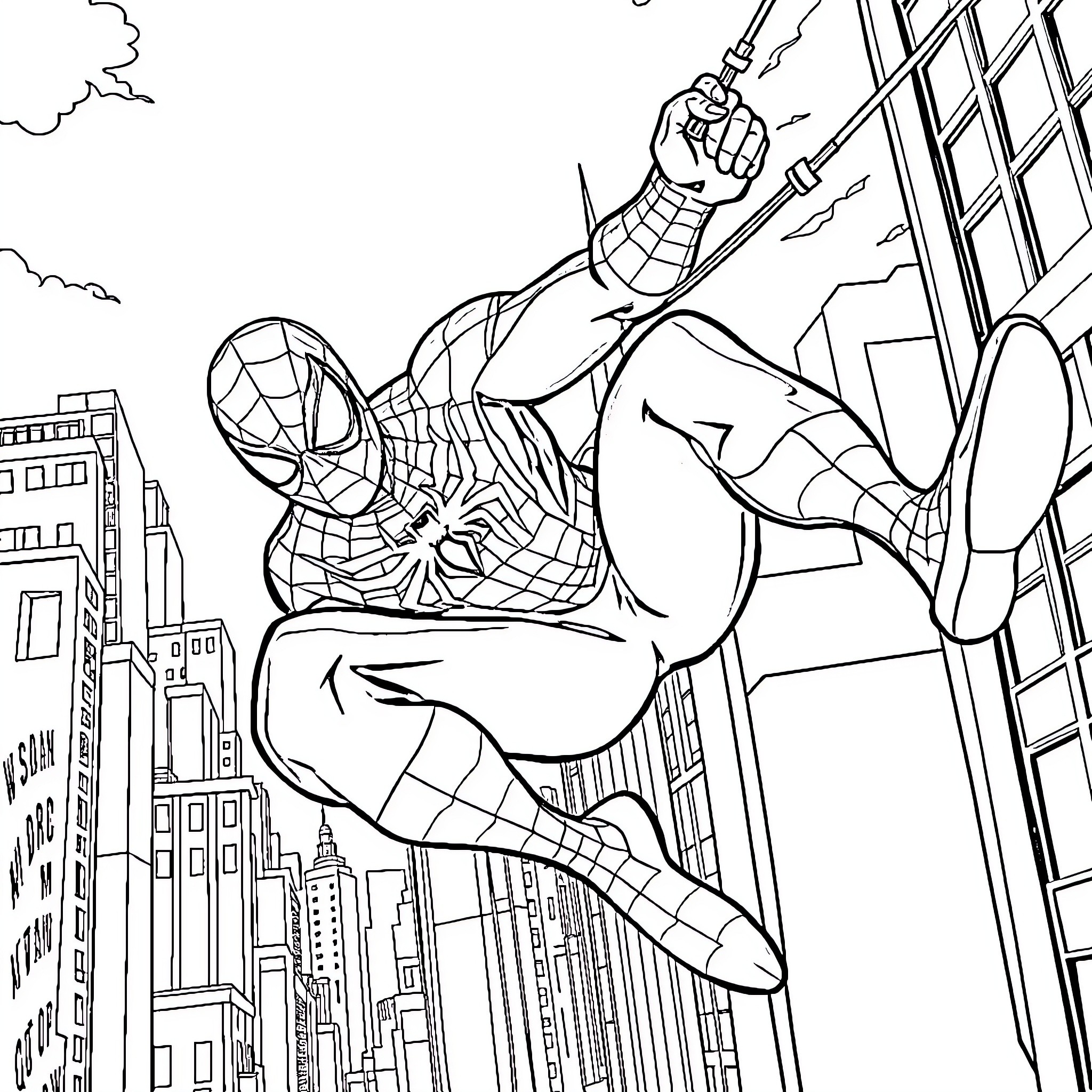 Spiderman swinging through the city skyline Coloring Page (free black-and-white line drawing printable PDF for all, from beginners to advanced learners, including children, teens, adults, and seniors)