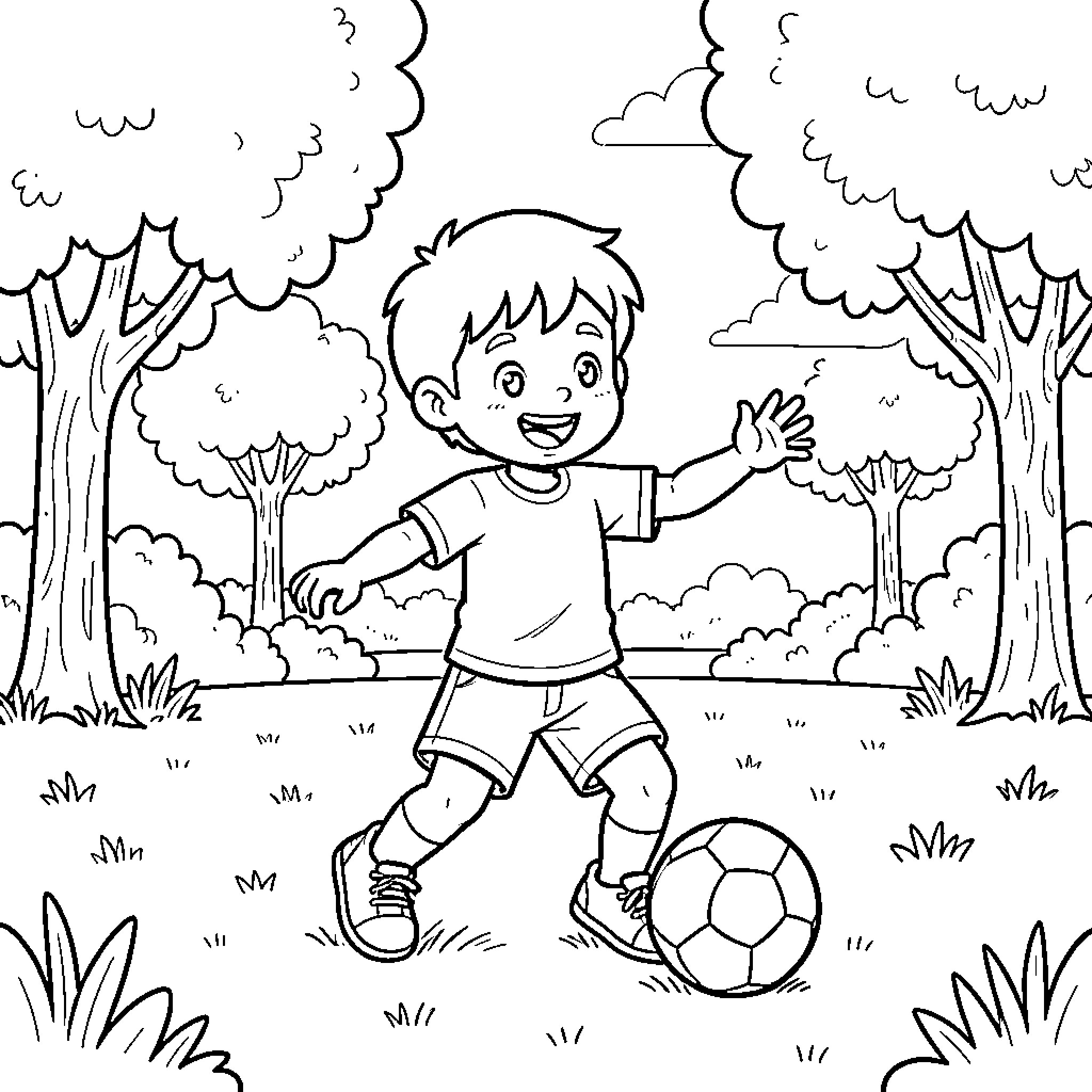 Niño playing with soccer ball in the forest Coloring Page (free black-and-white line drawing printable PDF for all, from beginners to advanced learners, including children, teens, adults, and seniors)