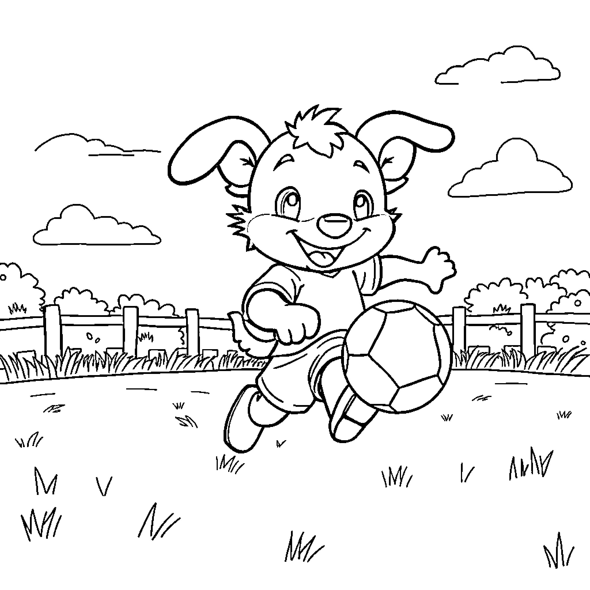 Bluey playing happily with a soccer ball in the park Coloring Page (free black-and-white line drawing printable PDF for all, from beginners to advanced learners, including children, teens, adults, and seniors)