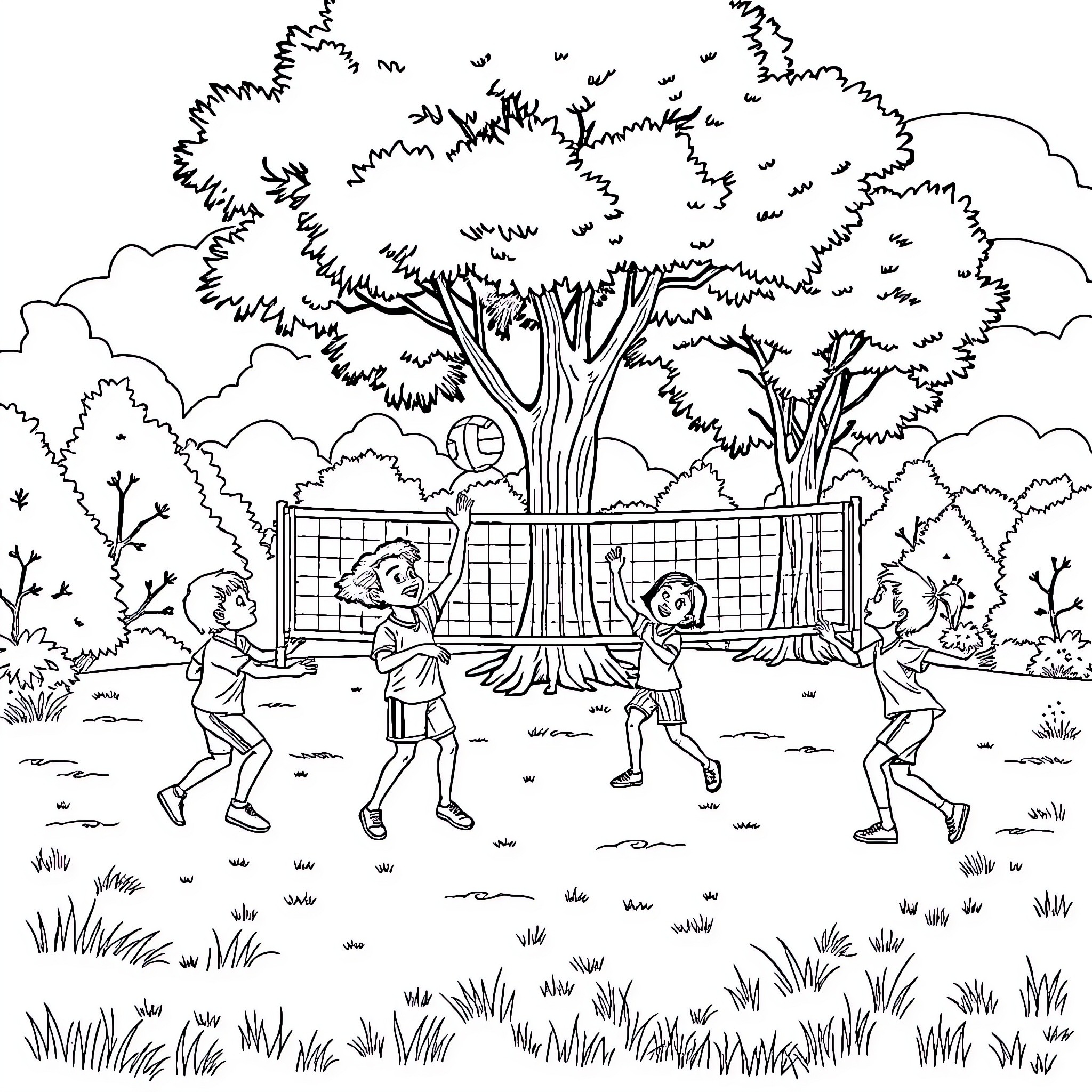 Kid playing with friends in the park Coloring Page (free black-and-white line drawing printable PDF for all, from beginners to advanced learners, including children, teens, adults, and seniors)