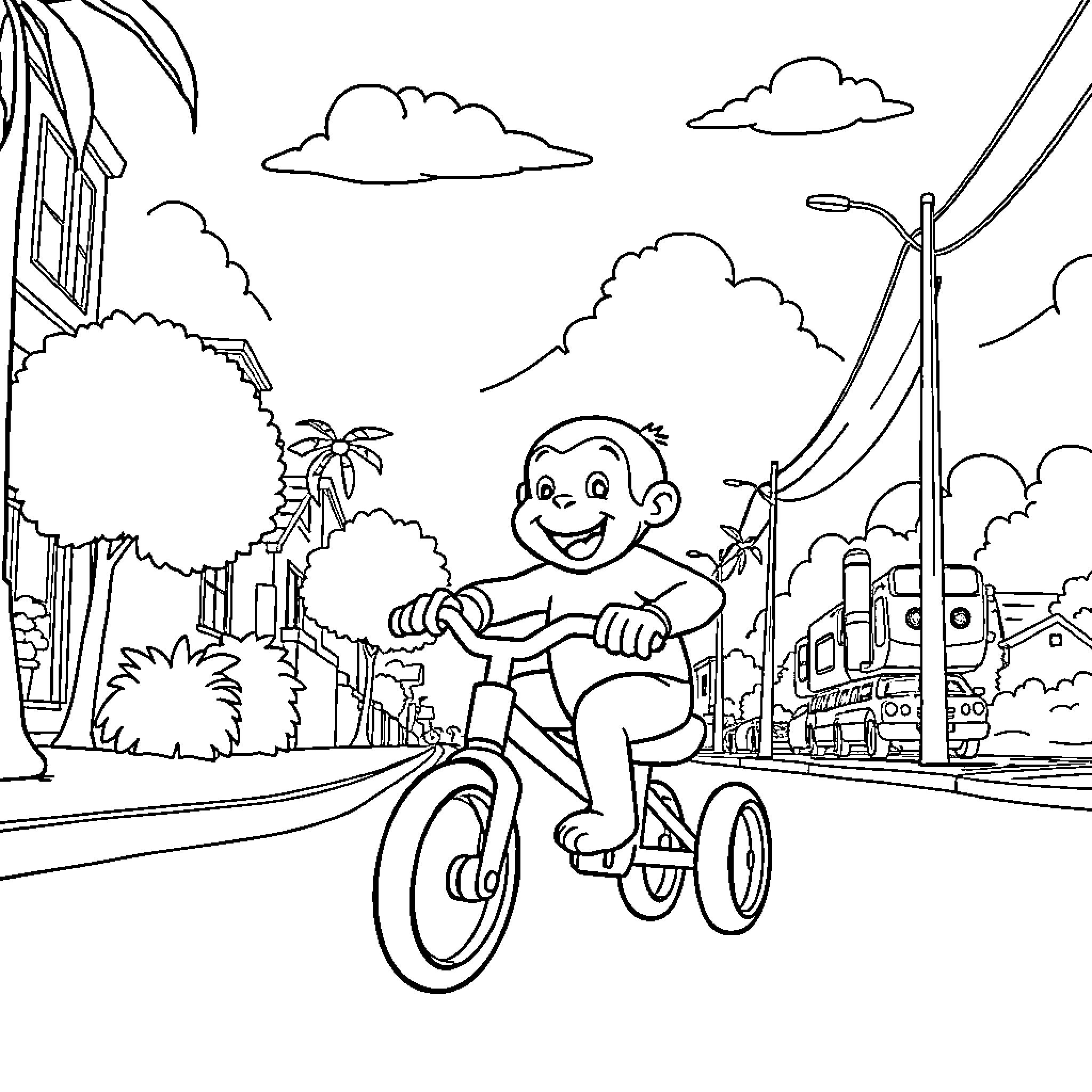 Curious George riding a bicycle on a city street Coloring Page (free black-and-white line drawing printable PDF for all, from beginners to advanced learners, including children, teens, adults, and seniors)