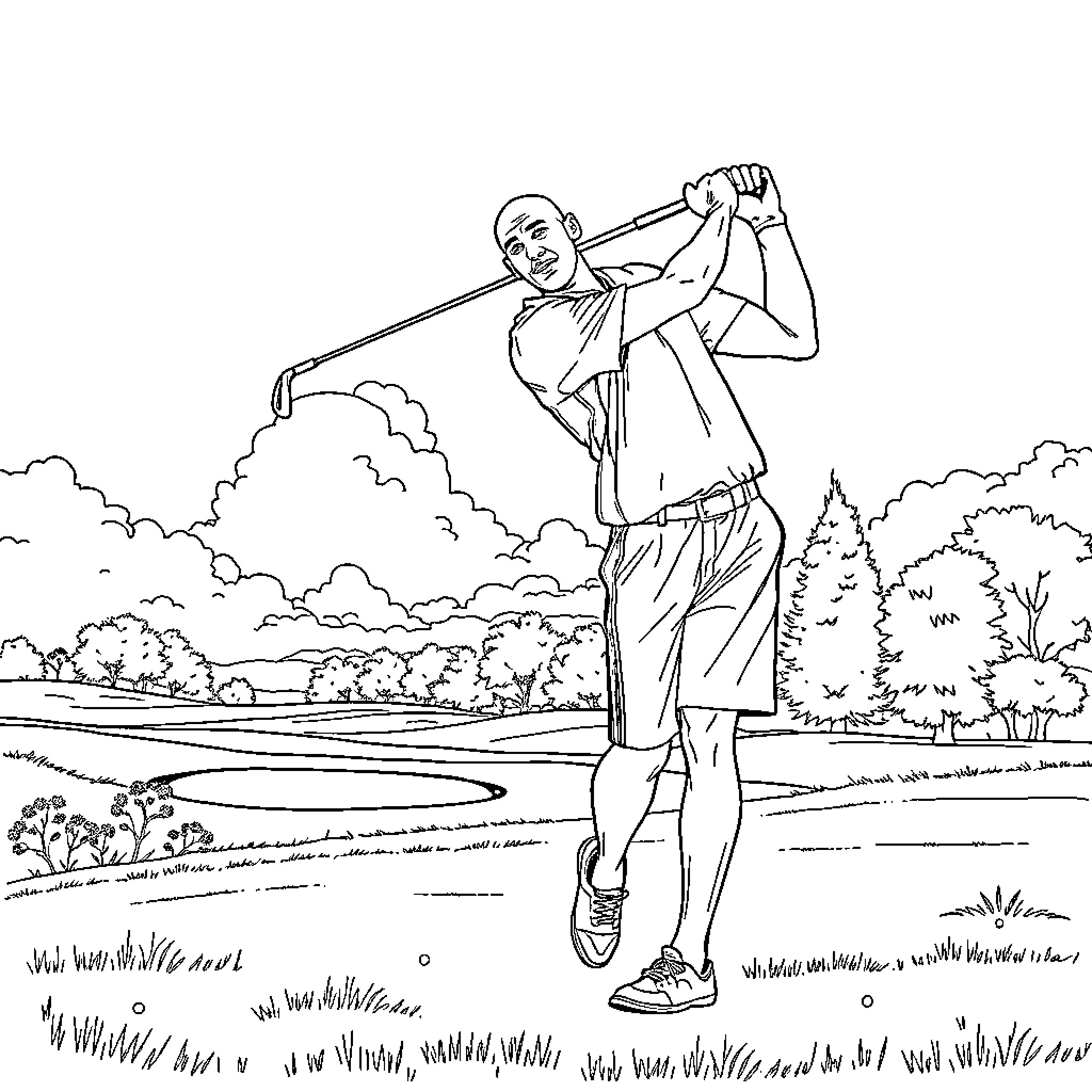 Kobe Bryant playing golf on the course Coloring Page (free black-and-white line drawing printable PDF for all, from beginners to advanced learners, including children, teens, adults, and seniors)