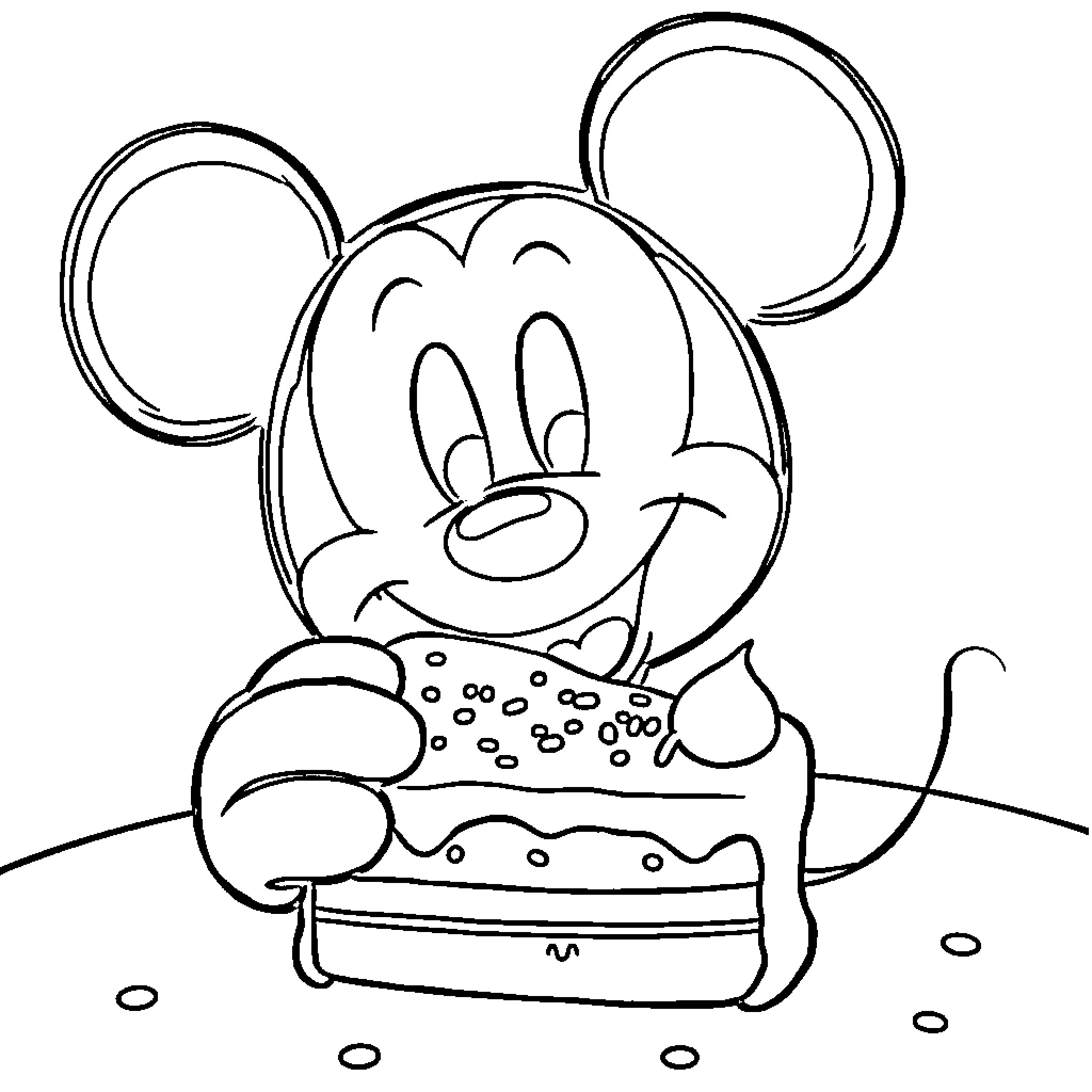 Mickey Mouse enjoying a delicious hamburger Coloring Page (free black-and-white line drawing printable PDF for all, from beginners to advanced learners, including children, teens, adults, and seniors)