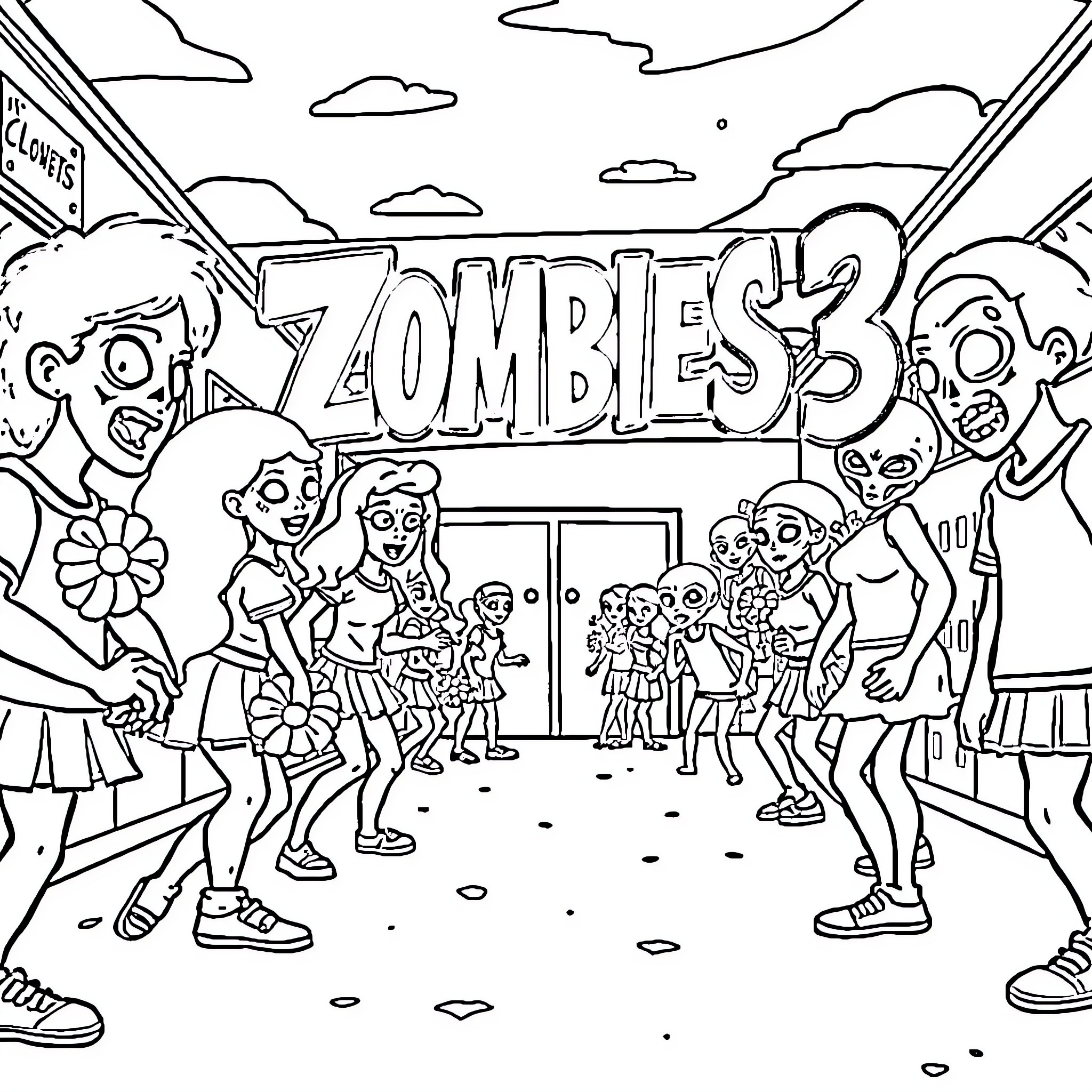 Zombie Gathering at the Carnival Coloring Page (free black-and-white line drawing printable PDF for all, from beginners to advanced learners, including children, teens, adults, and seniors)