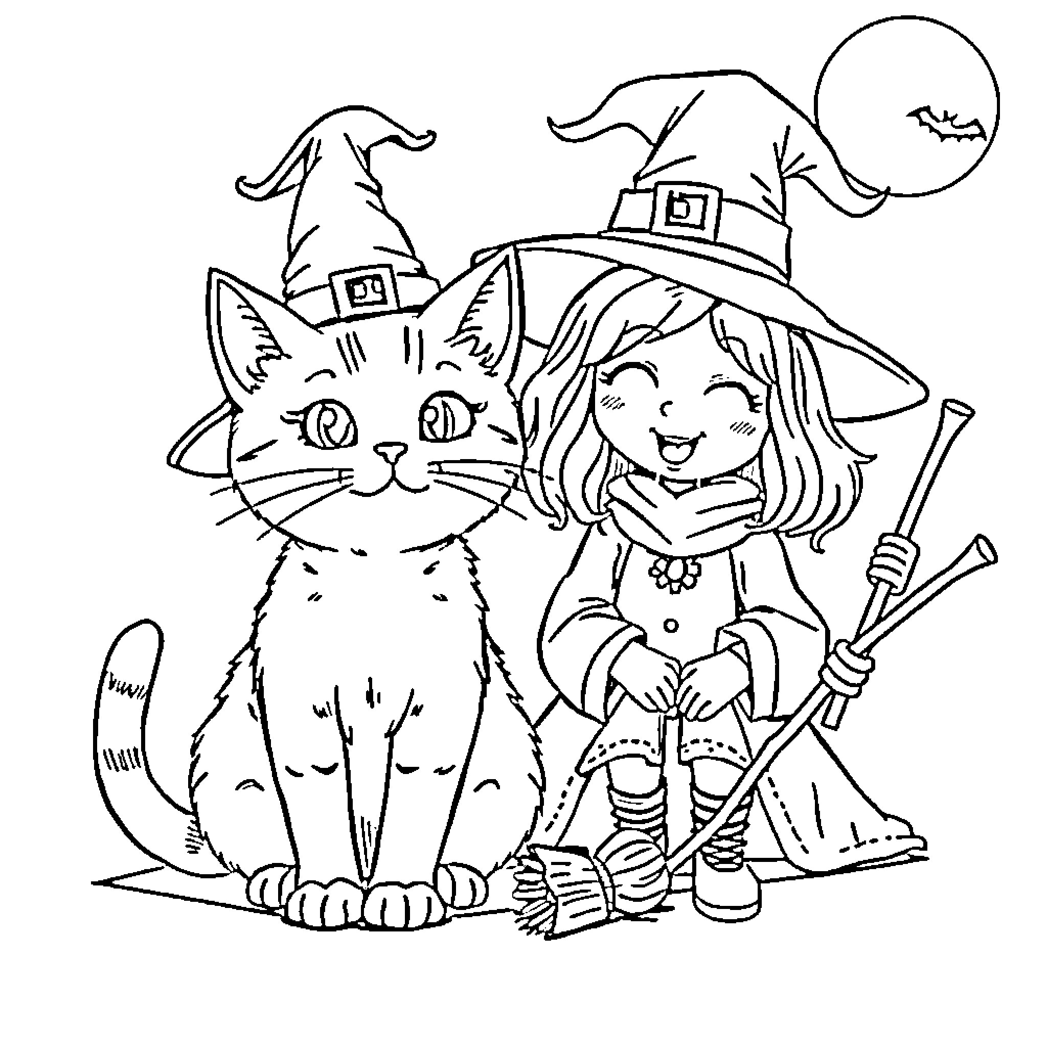 Cat and Witch Trick-or-Treating on Halloween Coloring Page (free black-and-white line drawing printable PDF for all, from beginners to advanced learners, including children, teens, adults, and seniors)