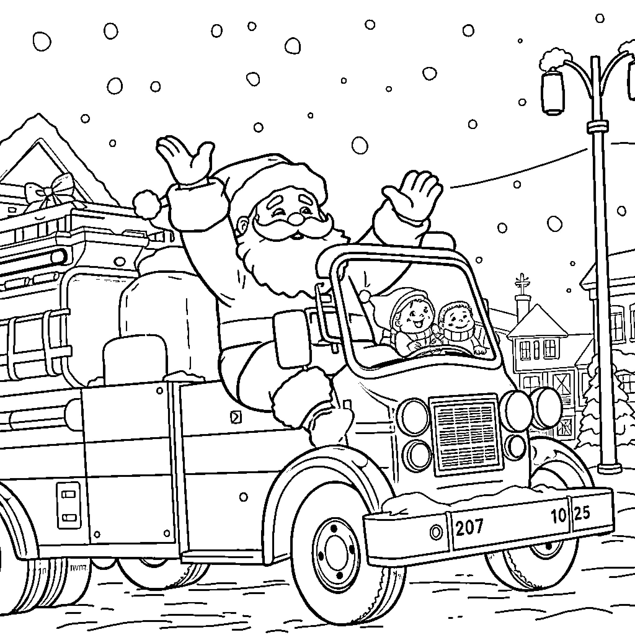 Santa Driving in Snowy Village in Vintage Car Coloring Page (free black-and-white line drawing printable PDF for all, from beginners to advanced learners, including children, teens, adults, and seniors)