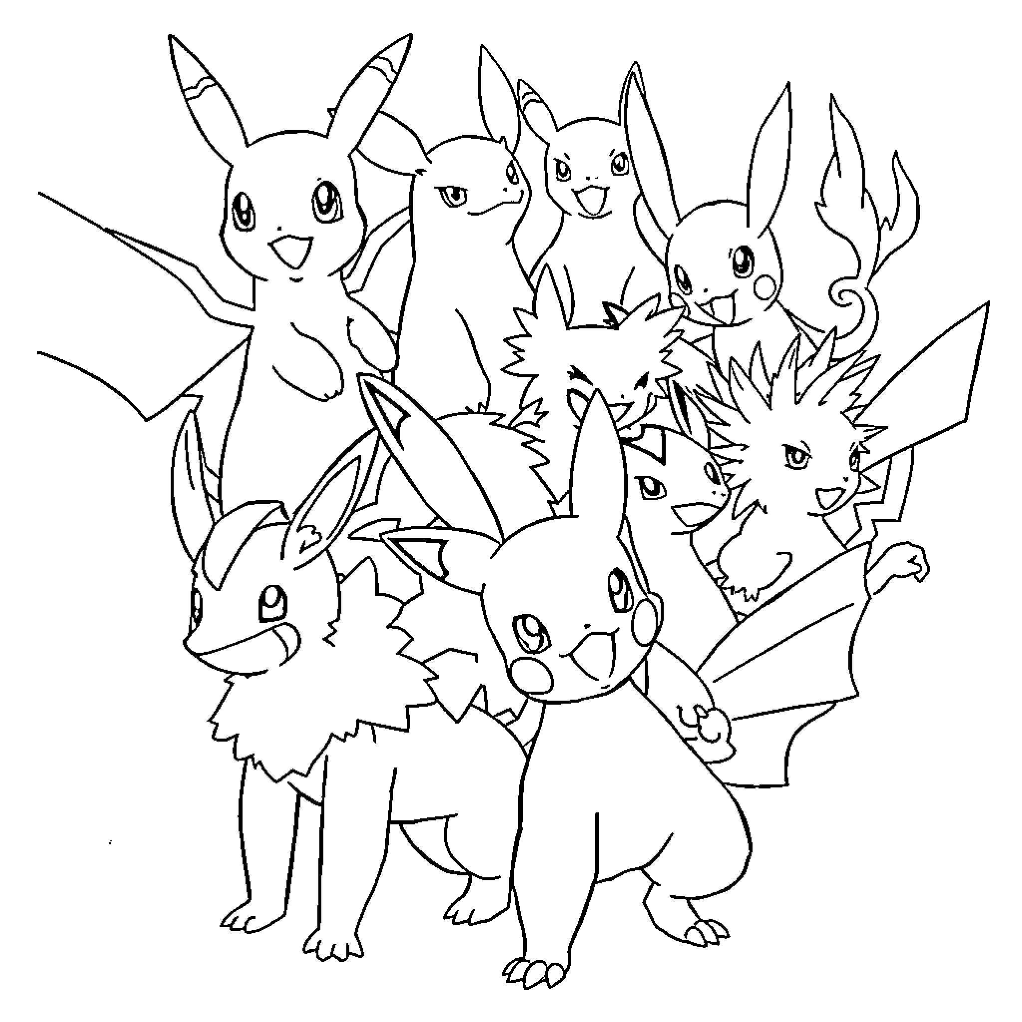 Pokémon characters gathered together Coloring Page (free black-and-white line drawing printable PDF for all, from beginners to advanced learners, including children, teens, adults, and seniors)