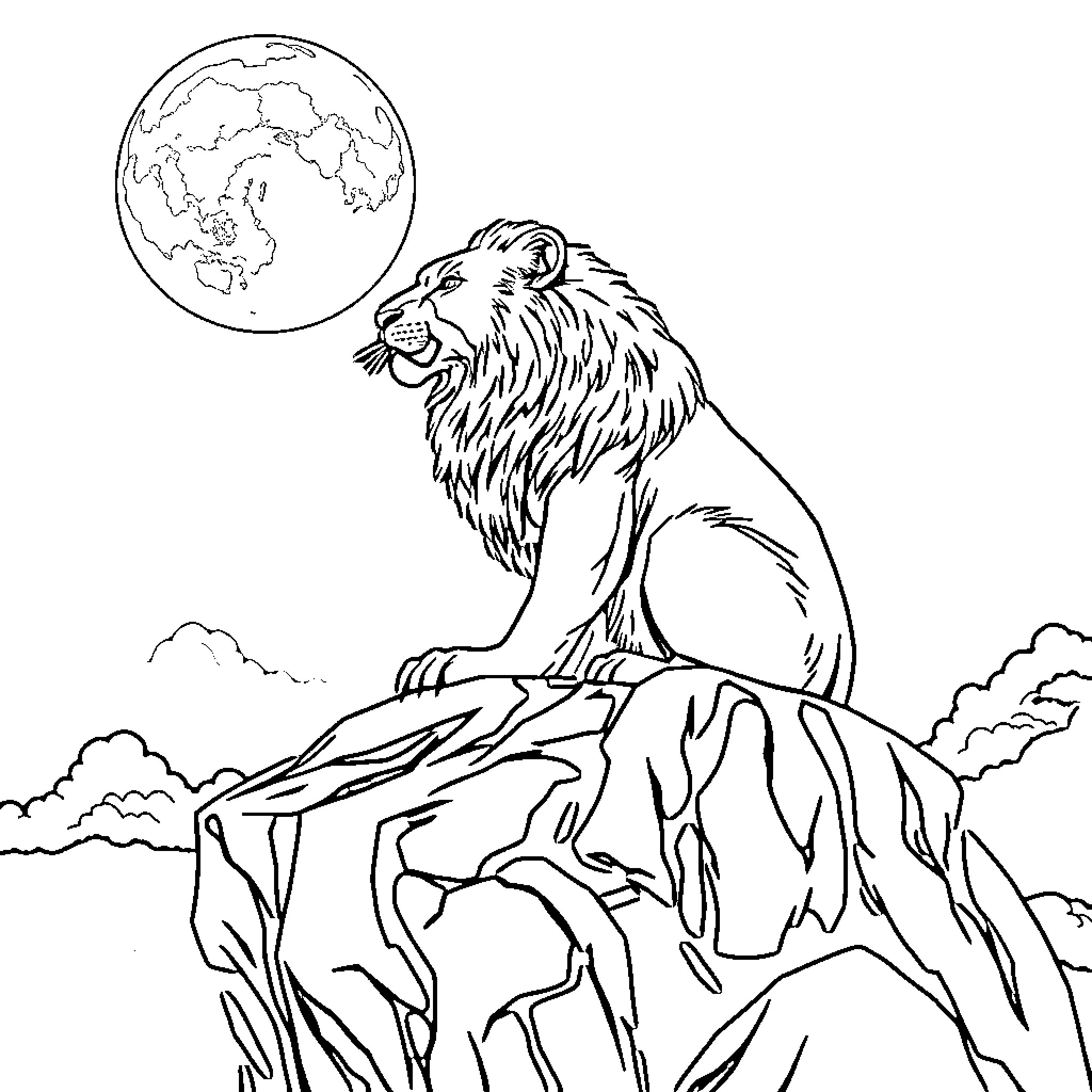 Lobo, the majestic lion, surveys the world Coloring Page (free black-and-white line drawing printable PDF for all, from beginners to advanced learners, including children, teens, adults, and seniors)