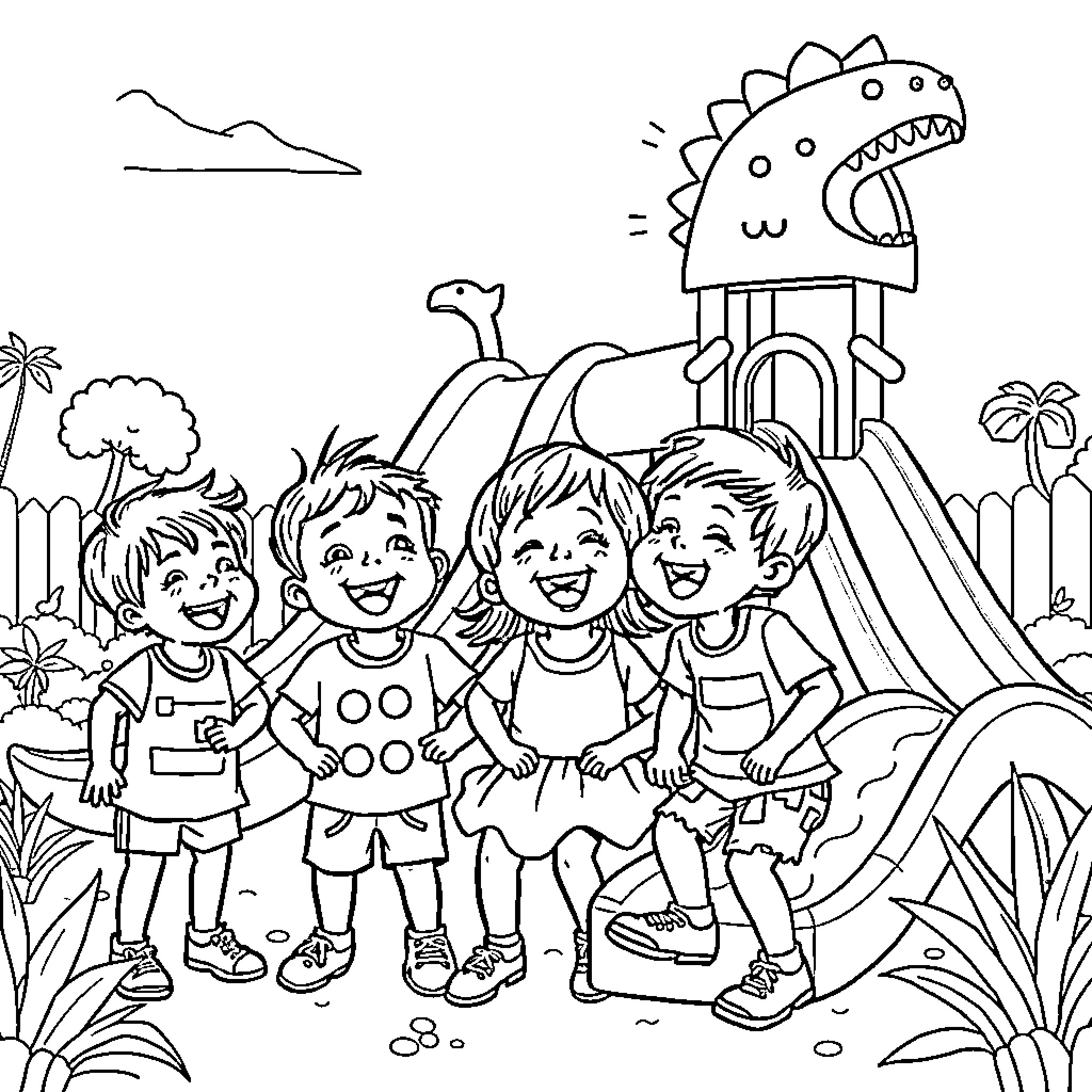 Child Friends Enjoying Fun Playtime at Park Coloring Page (free black-and-white line drawing printable PDF for all, from beginners to advanced learners, including children, teens, adults, and seniors)