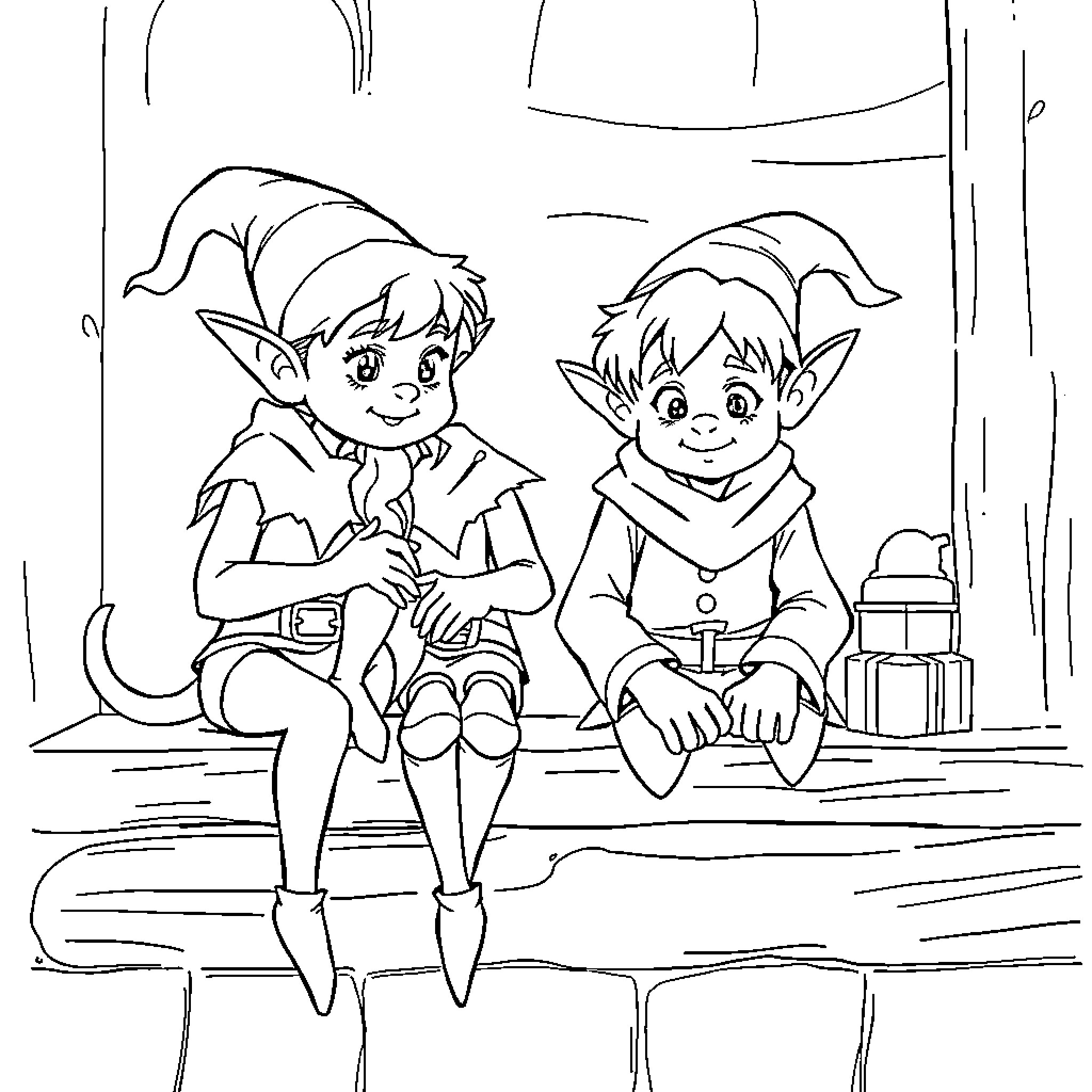 Elf friends enjoying an outdoor adventure Coloring Page (free black-and-white line drawing printable PDF for all, from beginners to advanced learners, including children, teens, adults, and seniors)