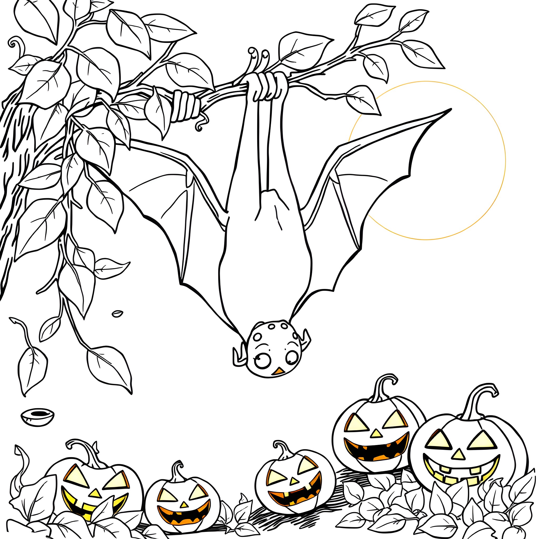 Bat hanging upside down among pumpkins and leaves Coloring Page (free black-and-white line drawing printable PDF for all, from beginners to advanced learners, including children, teens, adults, and seniors)