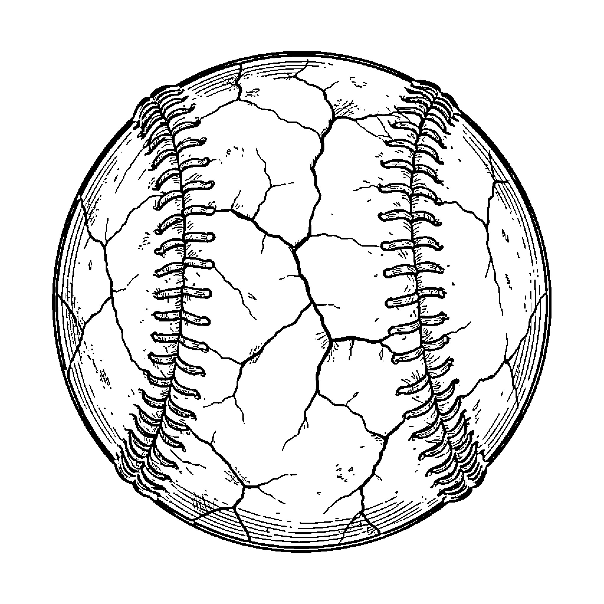 Baseball with Cracked Leather Surface Coloring Page (free black-and-white line drawing printable PDF for all, from beginners to advanced learners, including children, teens, adults, and seniors)