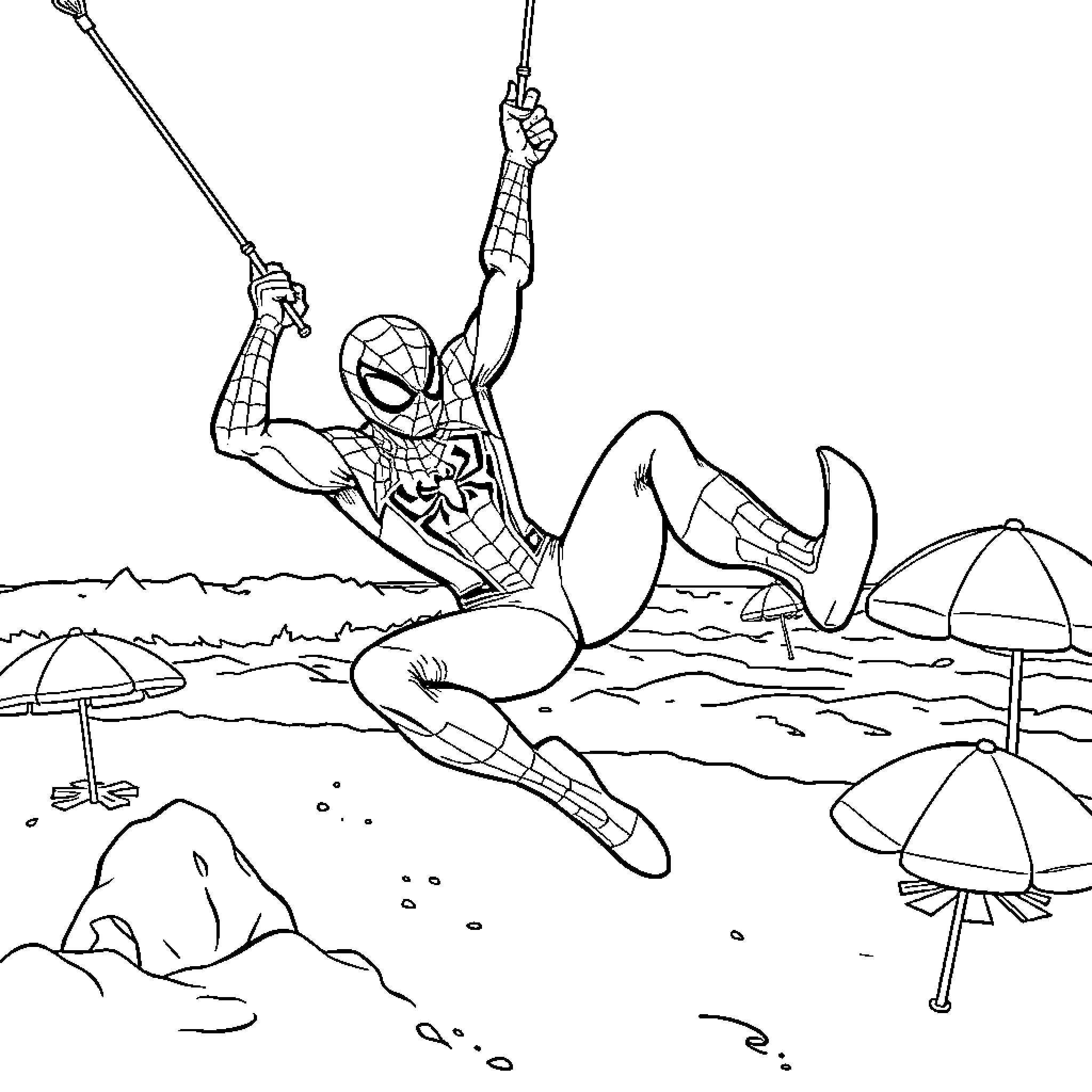 Spiderman swinging on web at the beach Coloring Page (free black-and-white line drawing printable PDF for all, from beginners to advanced learners, including children, teens, adults, and seniors)