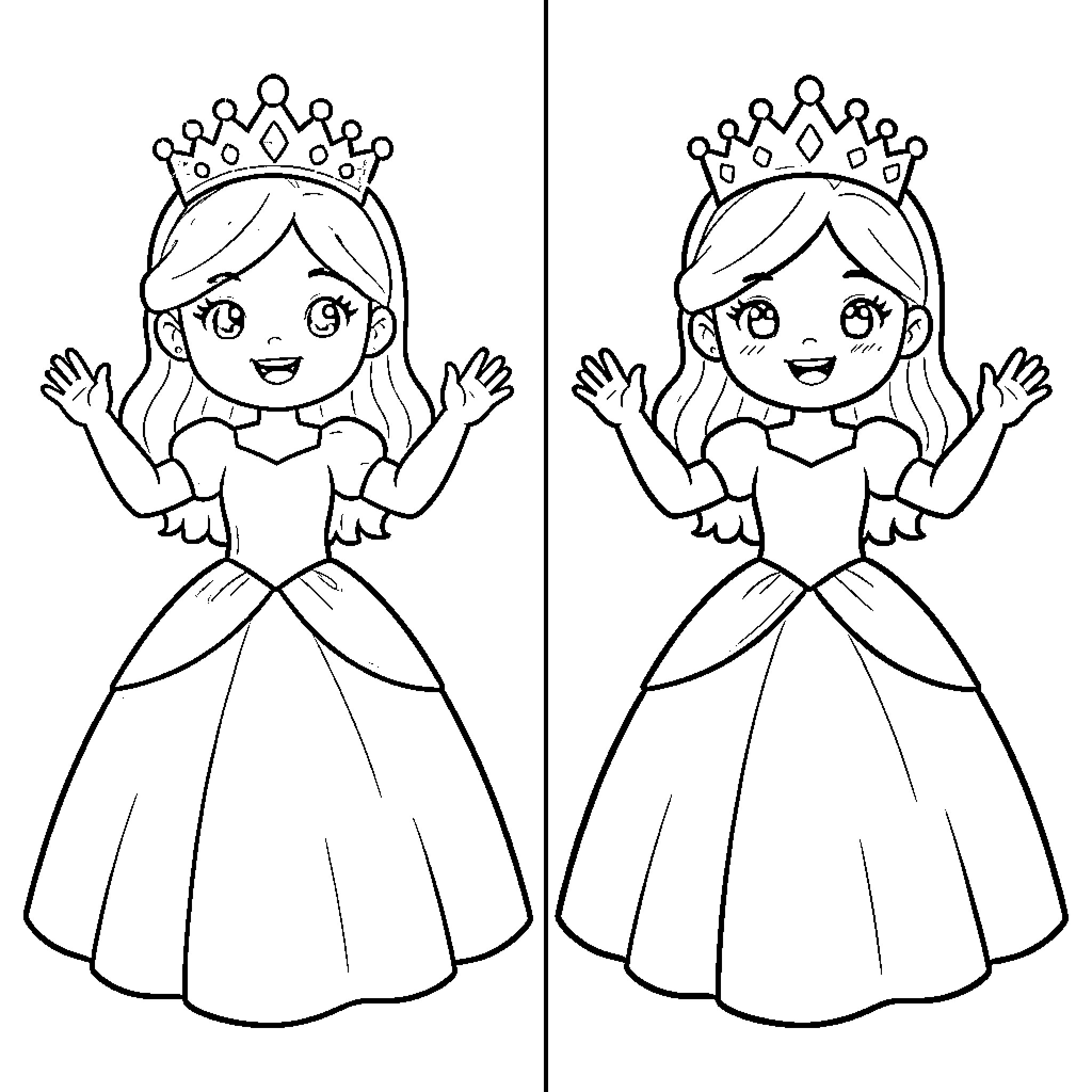 Princess smiling and waving with arms raised in a gown Coloring Page (free black-and-white line drawing printable PDF for all, from beginners to advanced learners, including children, teens, adults, and seniors)
