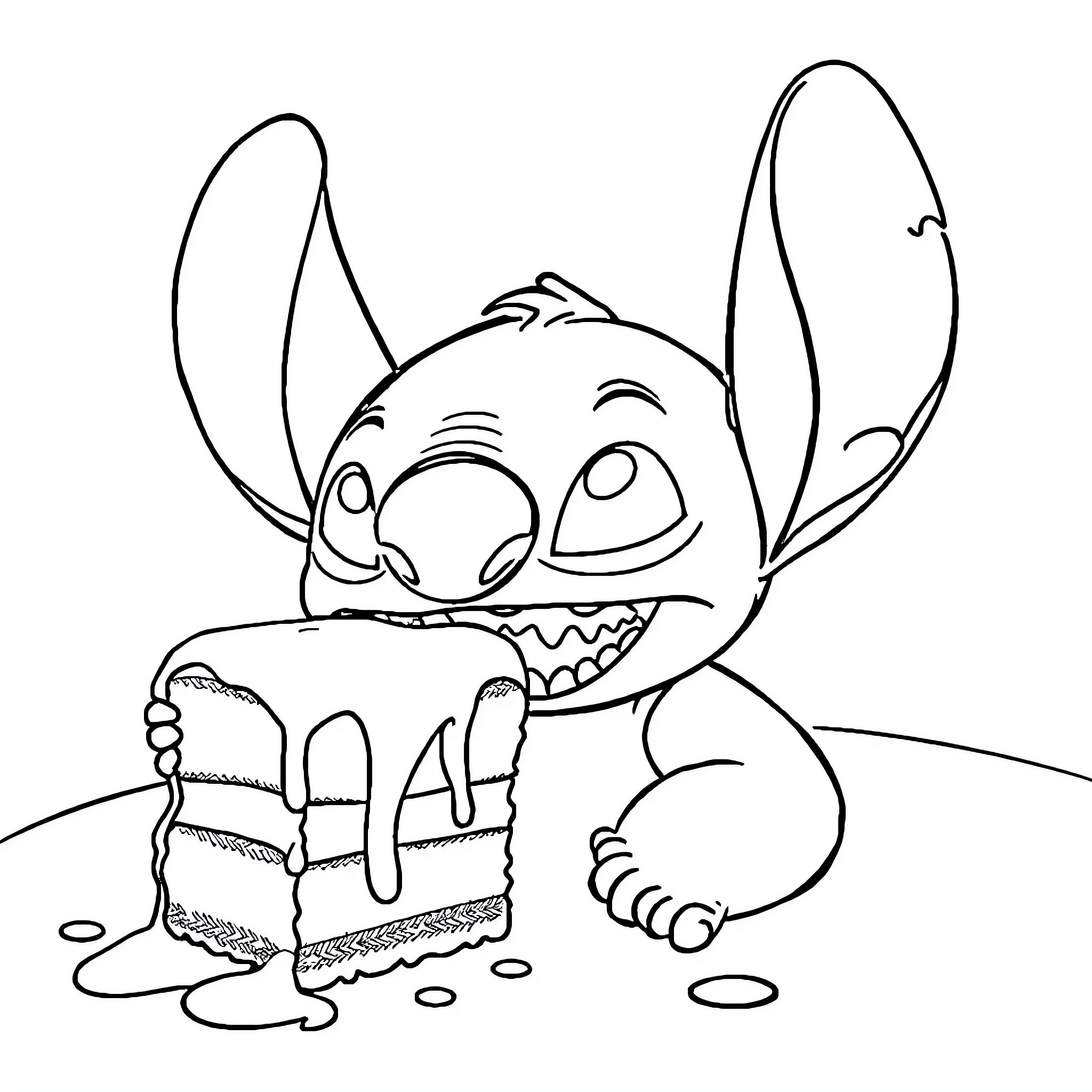 Stitch enjoys a tasty cake Coloring Page (free black-and-white line drawing printable PDF for all, from beginners to advanced learners, including children, teens, adults, and seniors)