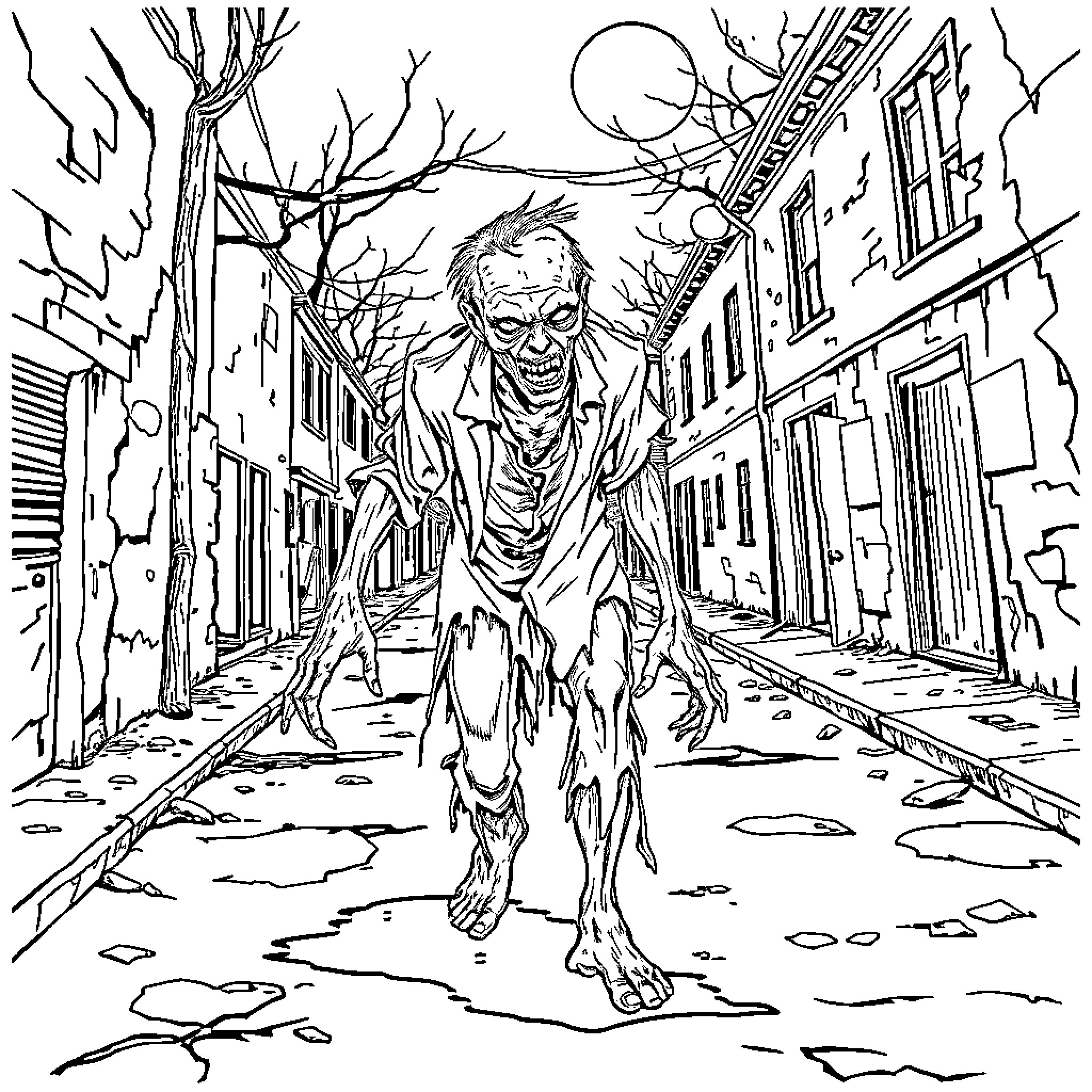Zombie Stalking the Eerie, Desolate Street Coloring Page (free black-and-white line drawing printable PDF for all, from beginners to advanced learners, including children, teens, adults, and seniors)