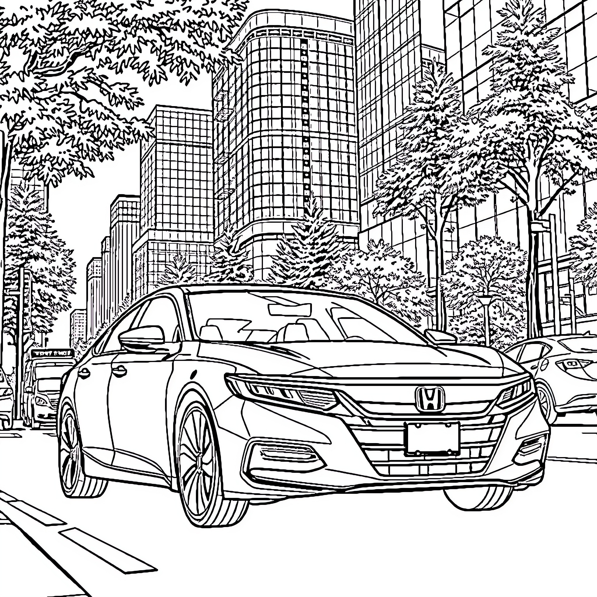 Honda Accord parked on city street Coloring Page (free black-and-white line drawing printable PDF for all, from beginners to advanced learners, including children, teens, adults, and seniors)