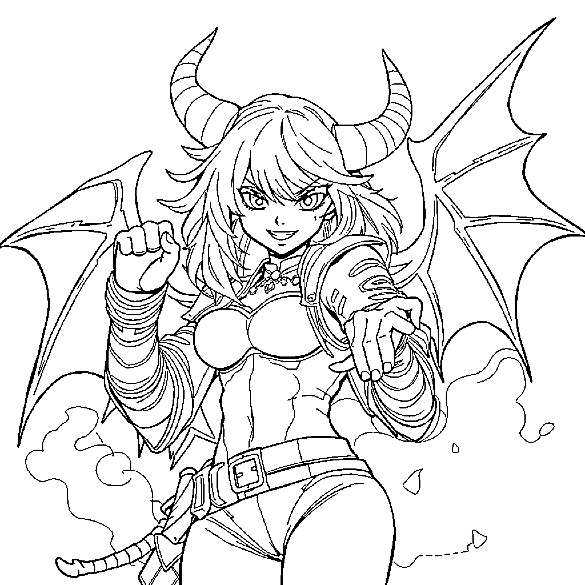 Hunter Demon Girl with Horns and Wings Coloring Page (free black-and-white line drawing printable PDF for all, from beginners to advanced learners, including children, teens, adults, and seniors)