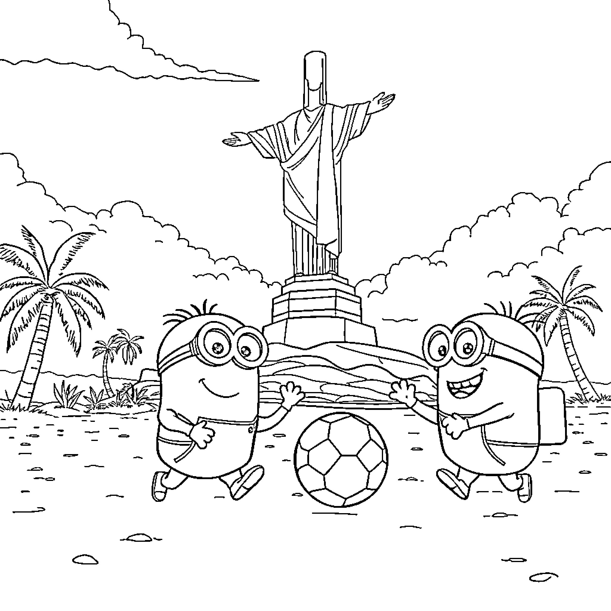 Minions playing soccer near a giant statue Coloring Page (free black-and-white line drawing printable PDF for all, from beginners to advanced learners, including children, teens, adults, and seniors)