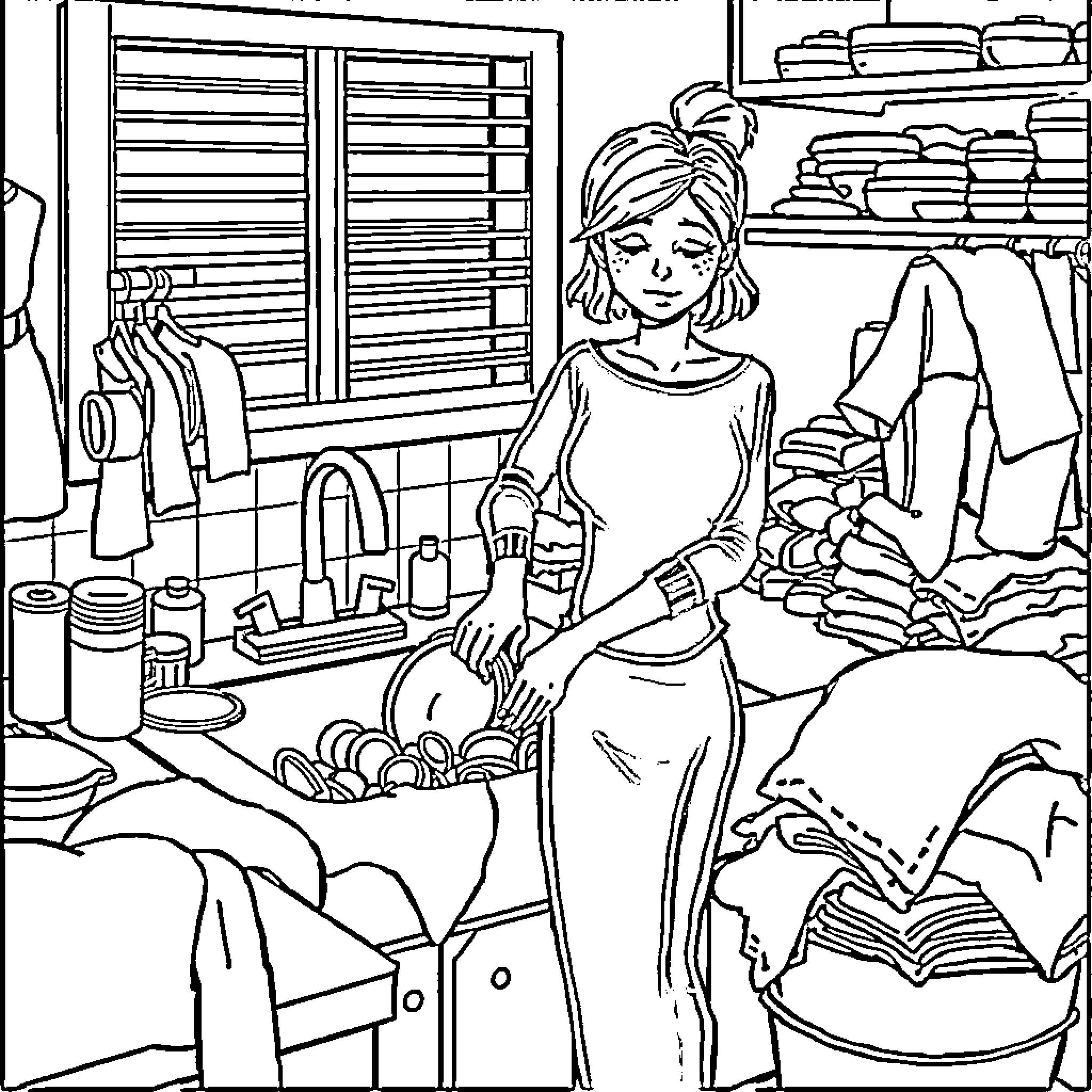 Mom organizing and cleaning the kitchen Coloring Page (free black-and-white line drawing printable PDF for all, from beginners to advanced learners, including children, teens, adults, and seniors)