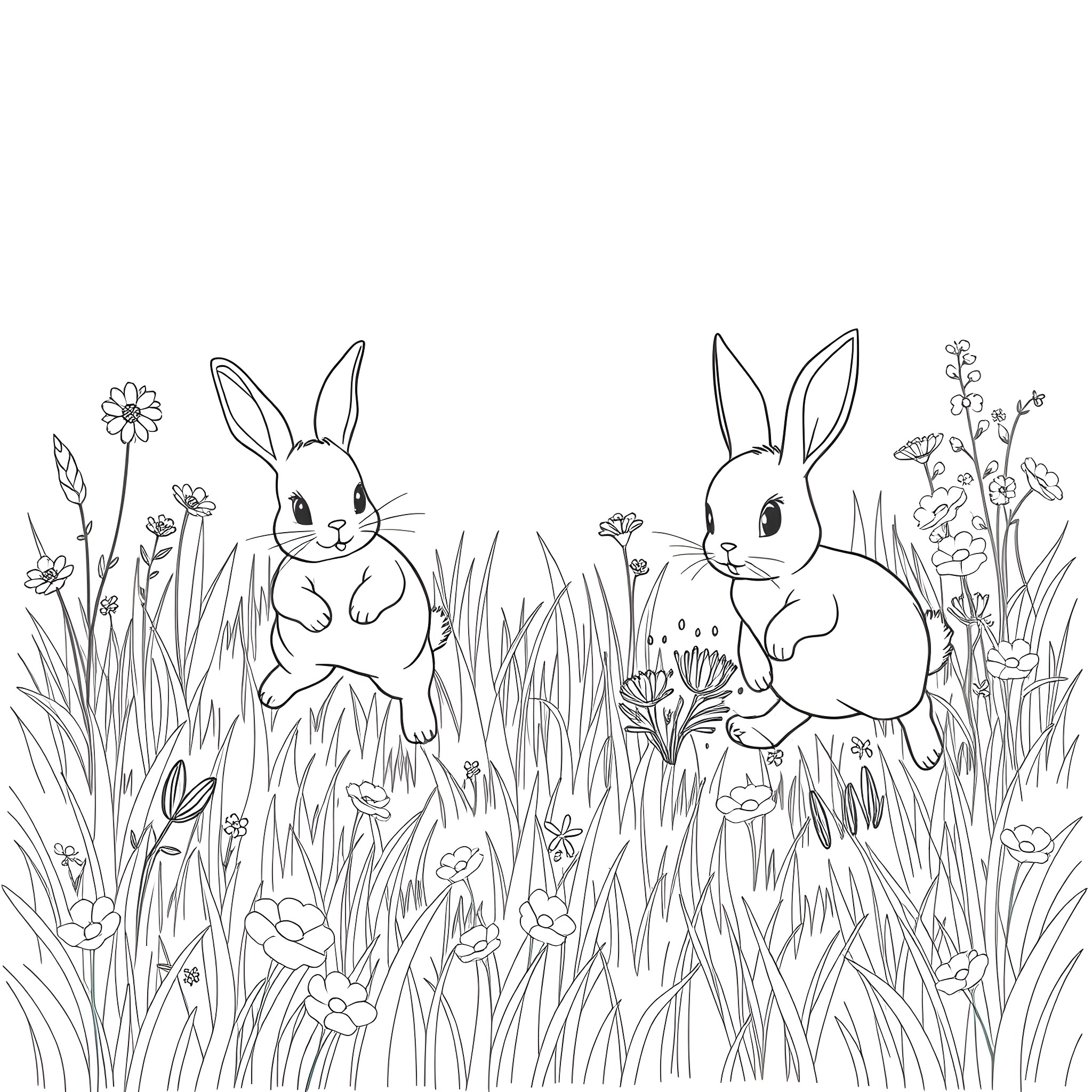 Bunnies frolicking in a meadow with flowers Coloring Page (free black-and-white line drawing printable PDF for all, from beginners to advanced learners, including children, teens, adults, and seniors)