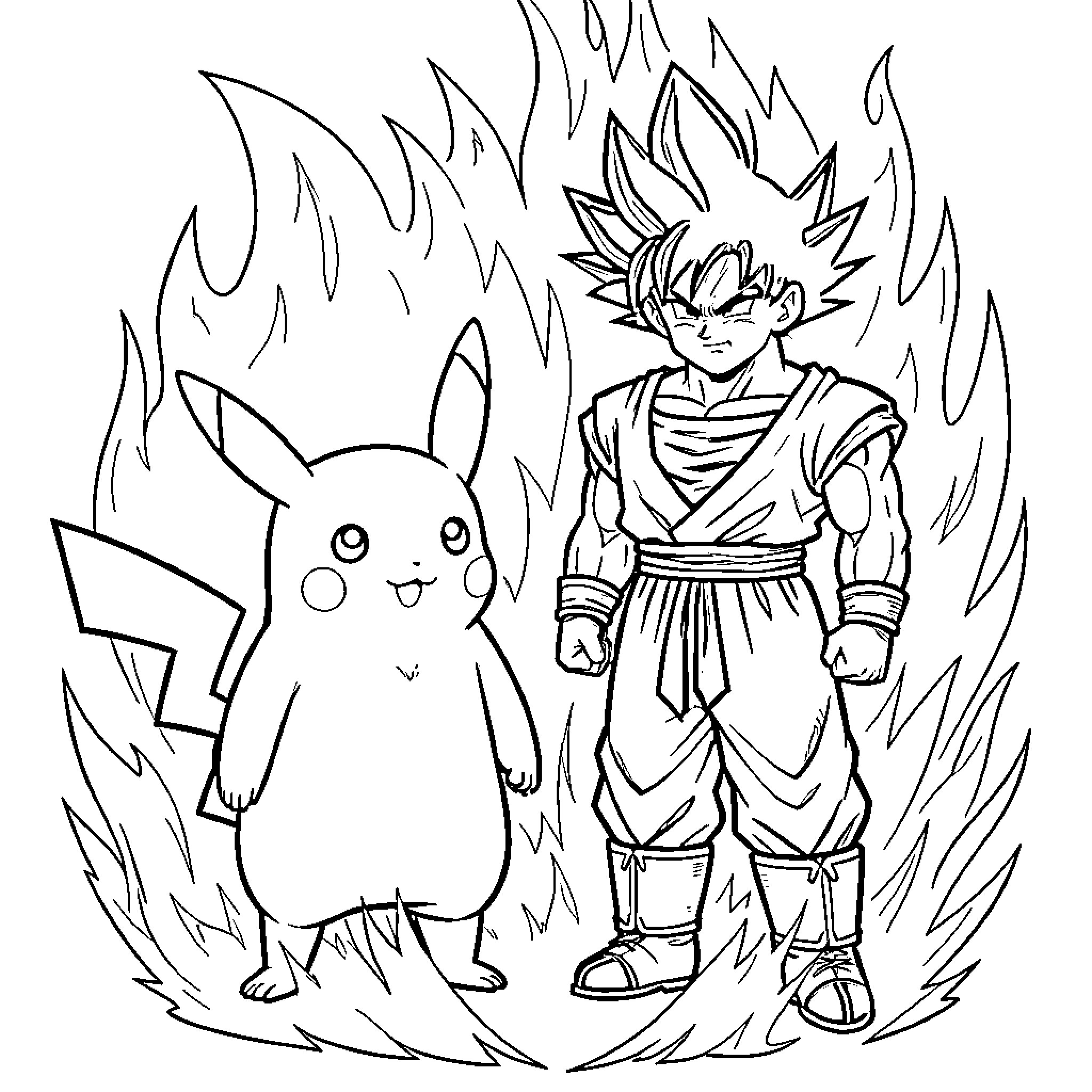 Pikachu and Warrior Pose in the Flames Coloring Page (free black-and-white line drawing printable PDF for all, from beginners to advanced learners, including children, teens, adults, and seniors)