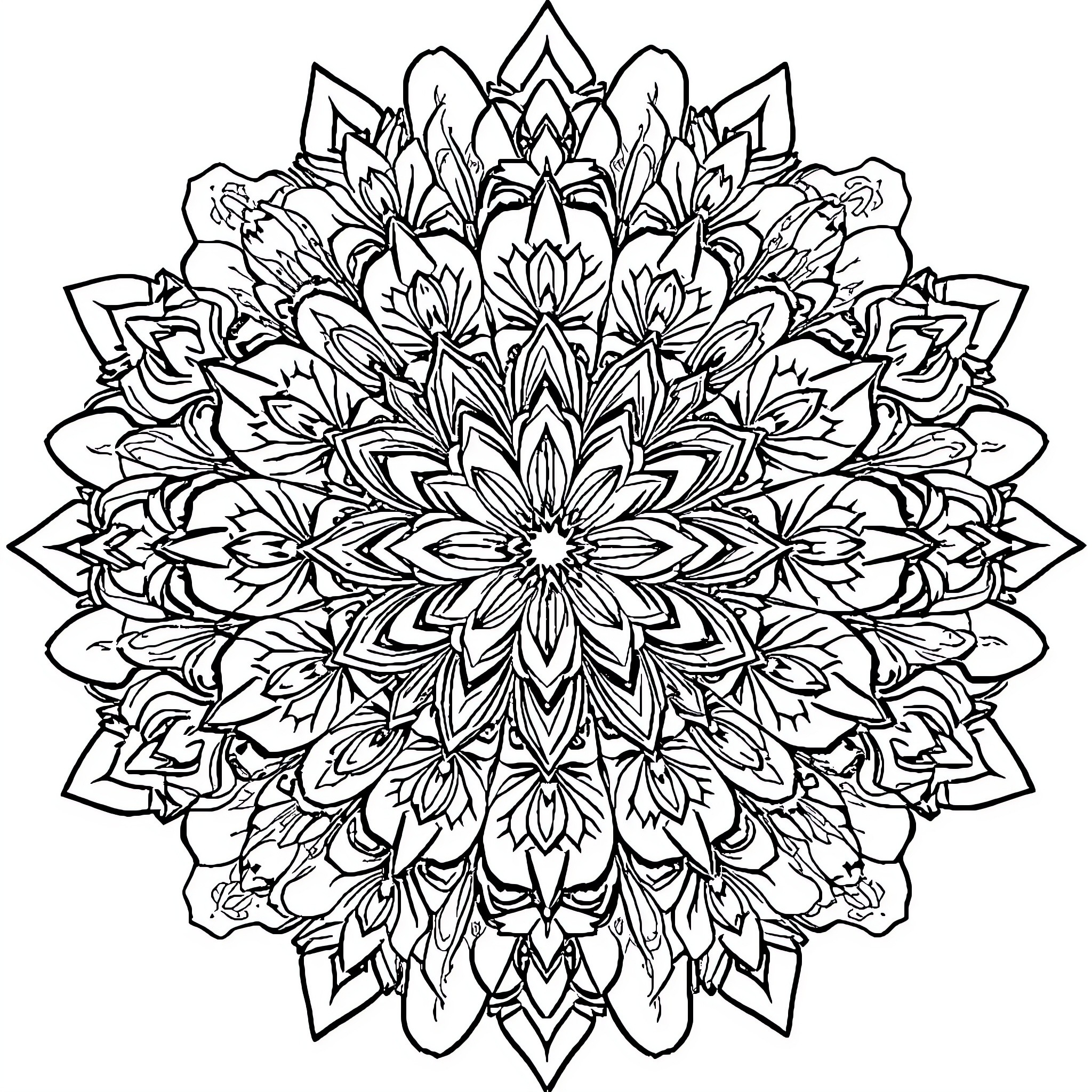 Mandala of Intricate Floral Patterns Coloring Page (free black-and-white line drawing printable PDF for all, from beginners to advanced learners, including children, teens, adults, and seniors)