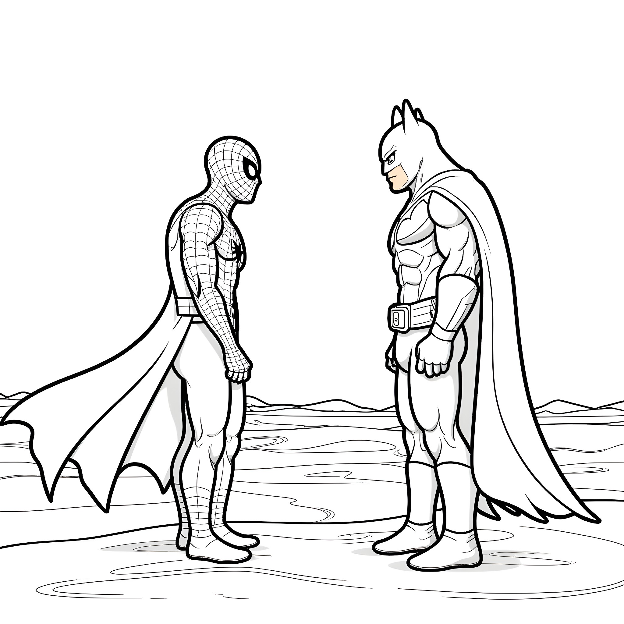 Spiderman confronting Batman in the desert Coloring Page (free black-and-white line drawing printable PDF for all, from beginners to advanced learners, including children, teens, adults, and seniors)