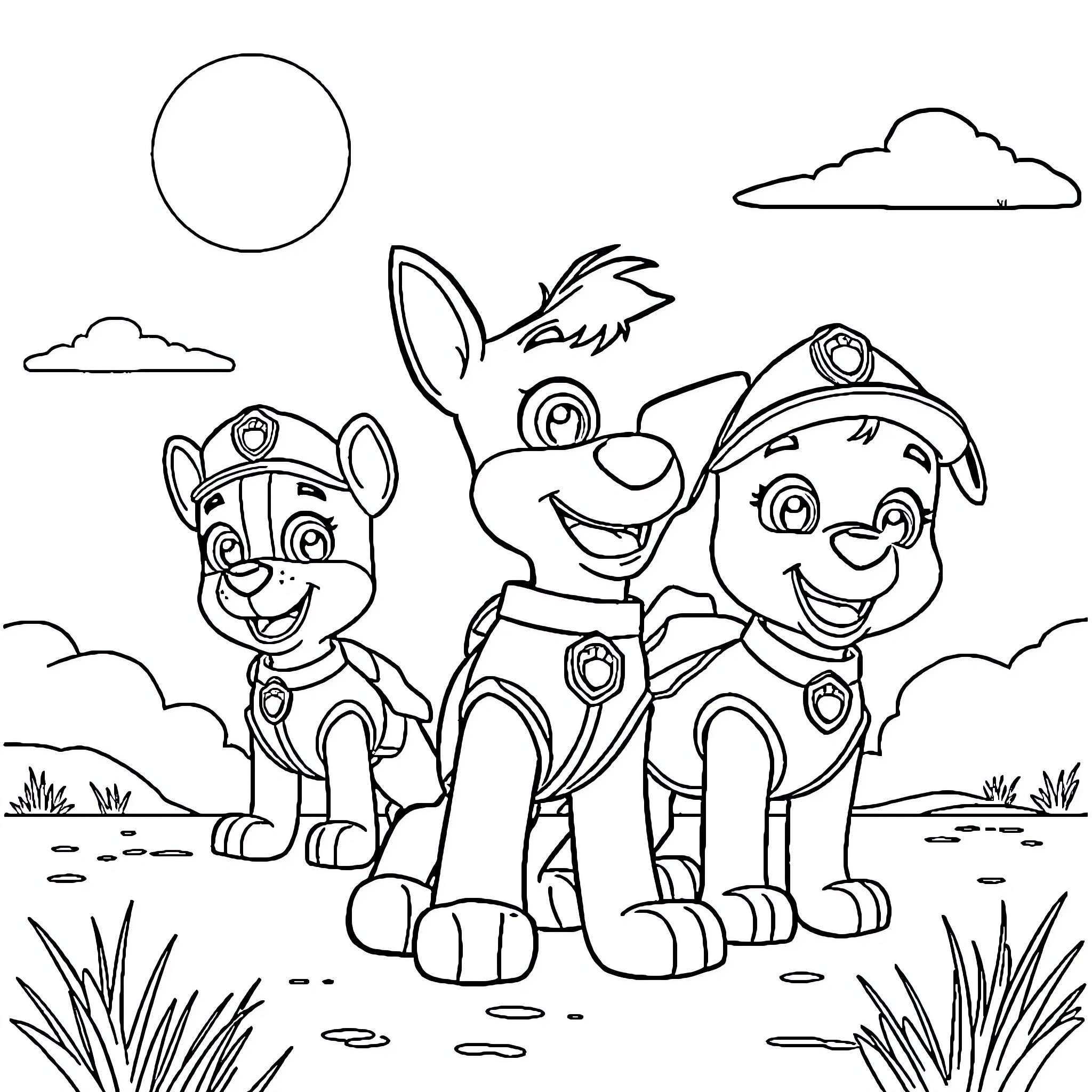 Paw Patrol pups in action on an outdoor adventure Coloring Page (free black-and-white line drawing printable PDF for all, from beginners to advanced learners, including children, teens, adults, and seniors)