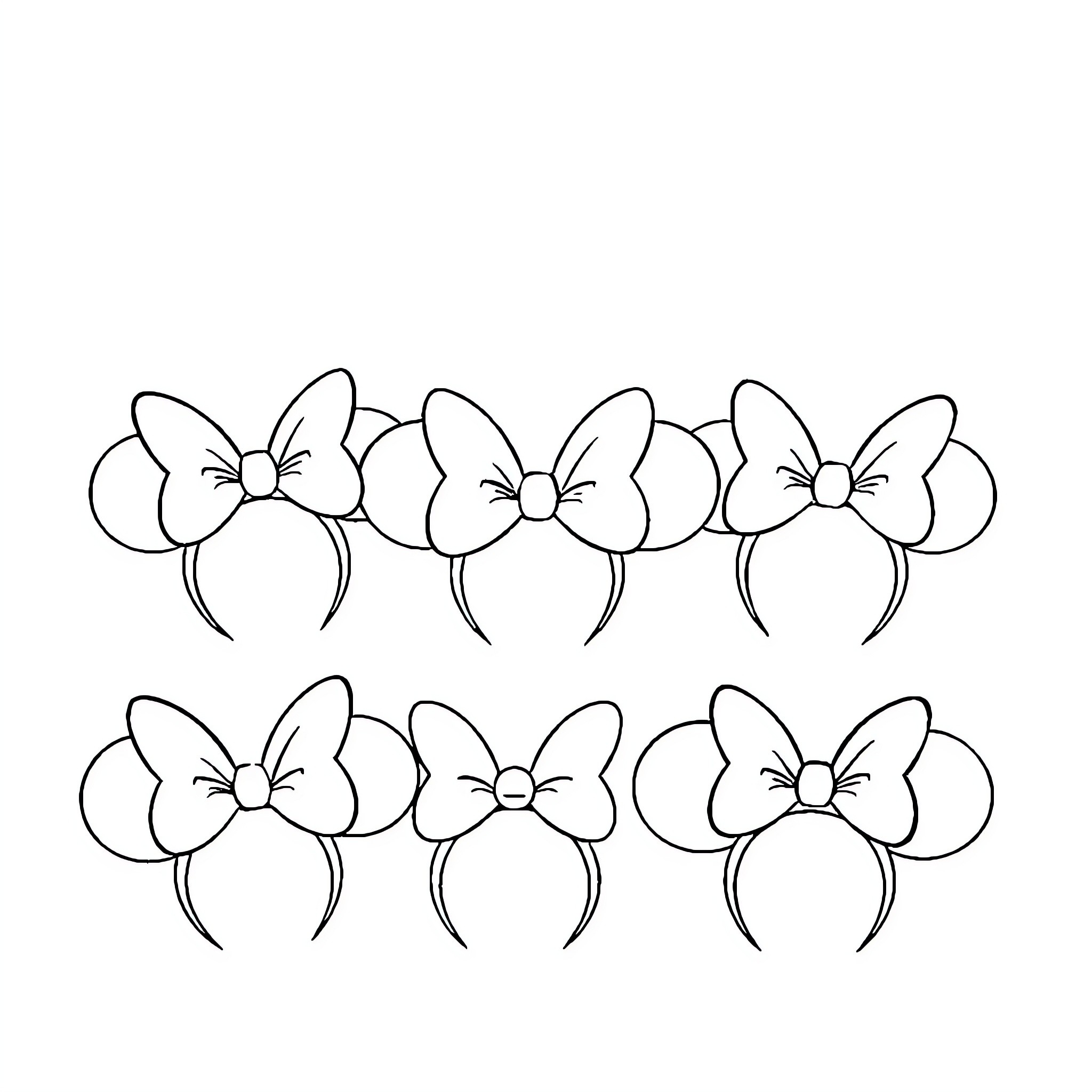 Minnie Ears with Various Bow Designs Coloring Page (free black-and-white line drawing printable PDF for all, from beginners to advanced learners, including children, teens, adults, and seniors)