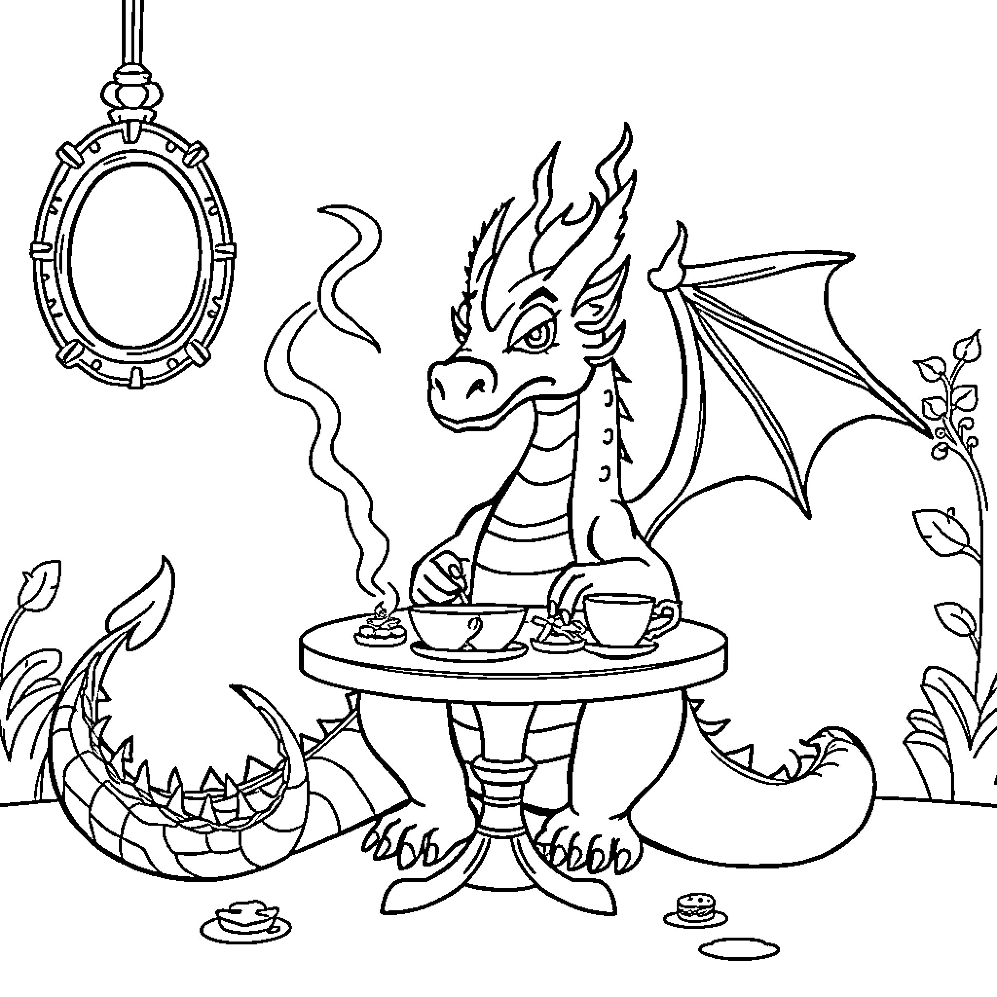 Dragon enjoying a cozy tea time in the garden Coloring Page (free black-and-white line drawing printable PDF for all, from beginners to advanced learners, including children, teens, adults, and seniors)