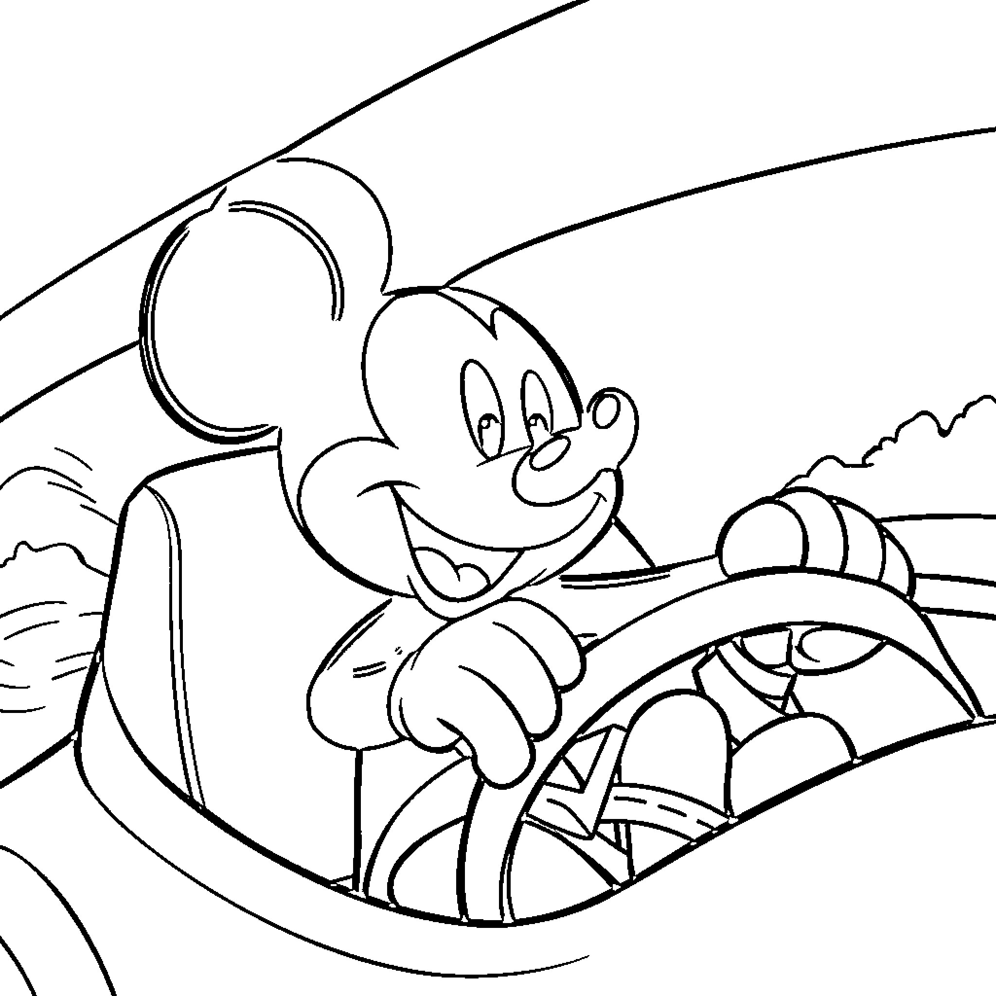 Mickey driving cheerfully in his car Coloring Page (free black-and-white line drawing printable PDF for all, from beginners to advanced learners, including children, teens, adults, and seniors)