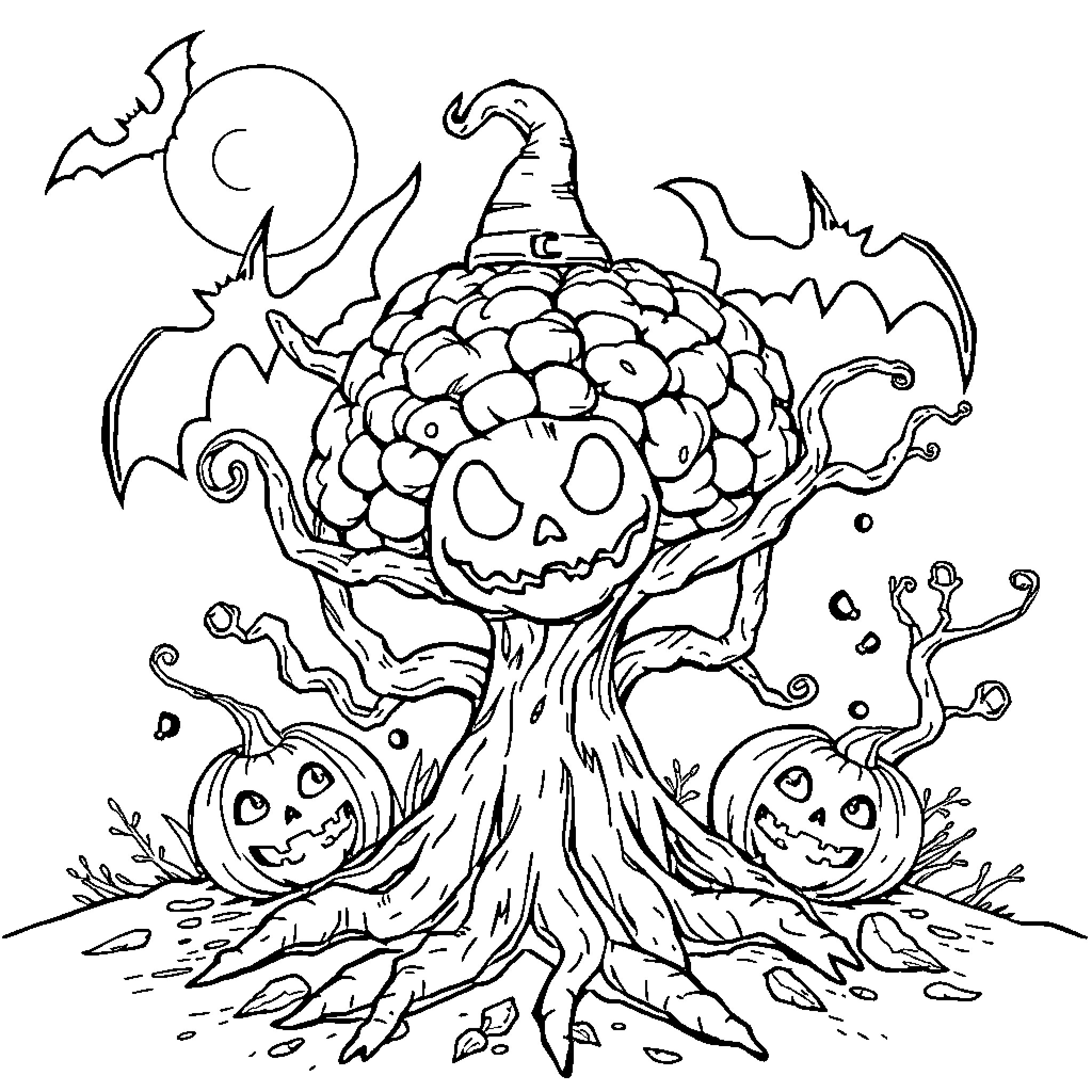 Brainroot's Spooky Halloween Scene Coloring Page (free black-and-white line drawing printable PDF for all, from beginners to advanced learners, including children, teens, adults, and seniors)