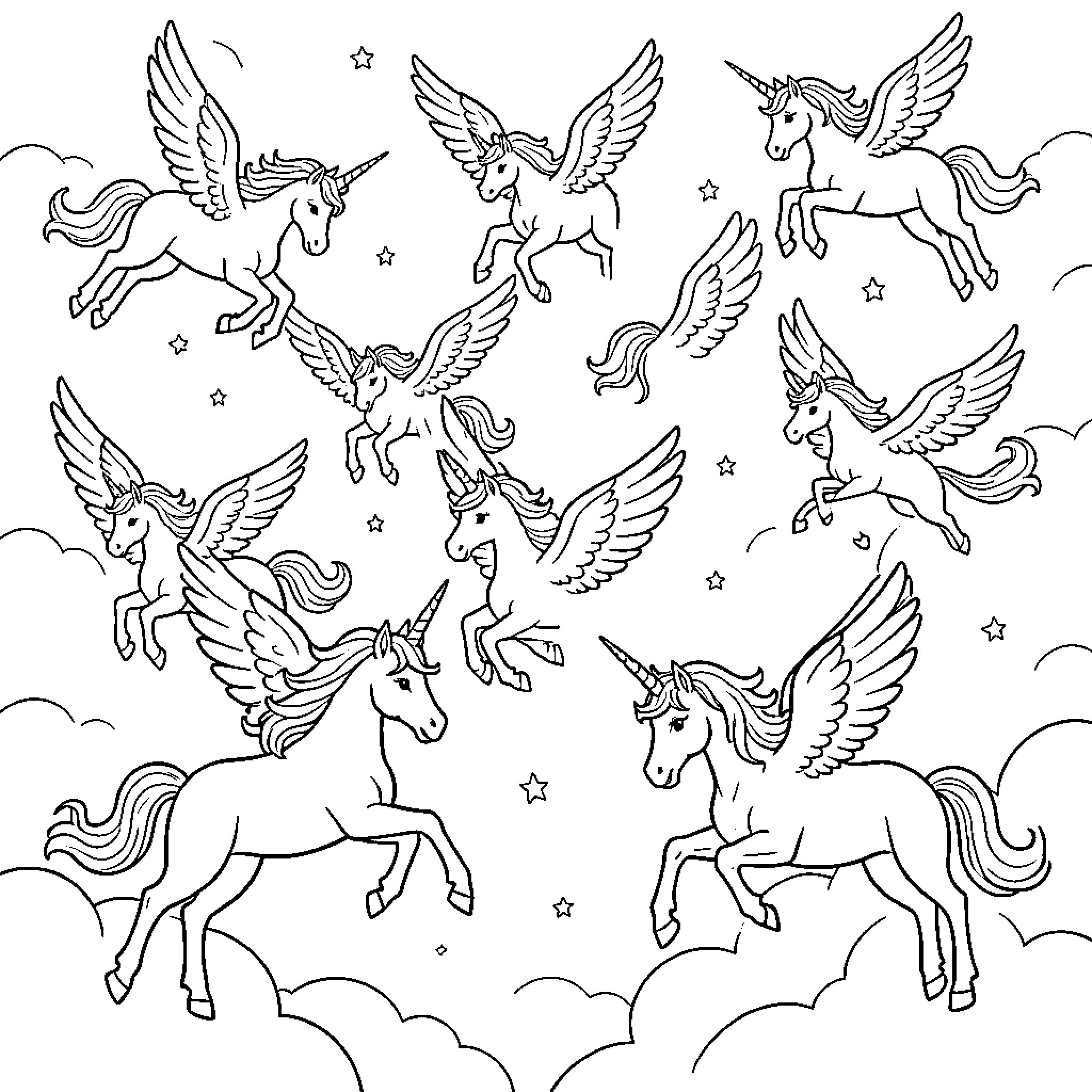 Unicorns flying joyfully through a sky of clouds and stars Coloring Page (free black-and-white line drawing printable PDF for all, from beginners to advanced learners, including children, teens, adults, and seniors)