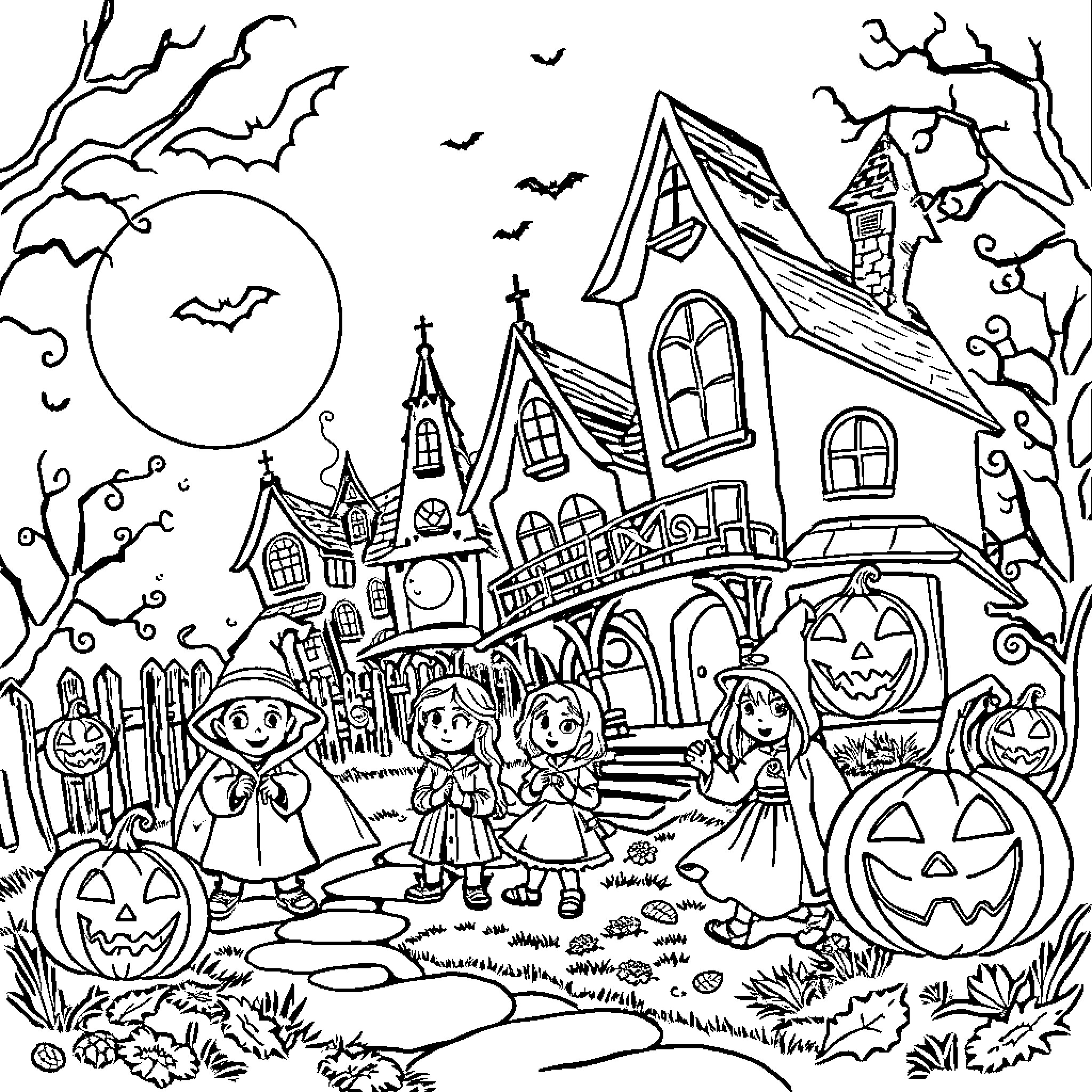 Halloween Celebrations at the Haunted House Coloring Page (free black-and-white line drawing printable PDF for all, from beginners to advanced learners, including children, teens, adults, and seniors)