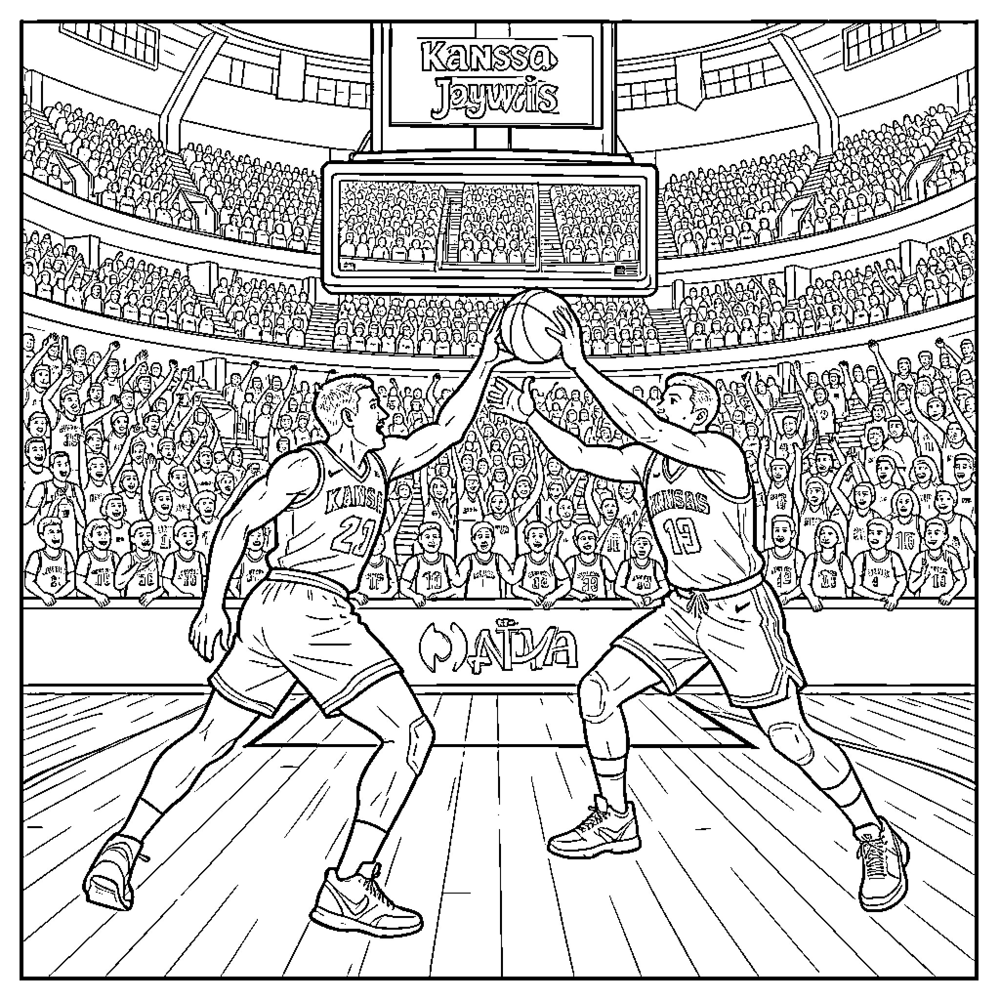 Kansas Jayhawk basketball players competing on the court Coloring Page (free black-and-white line drawing printable PDF for all, from beginners to advanced learners, including children, teens, adults, and seniors)