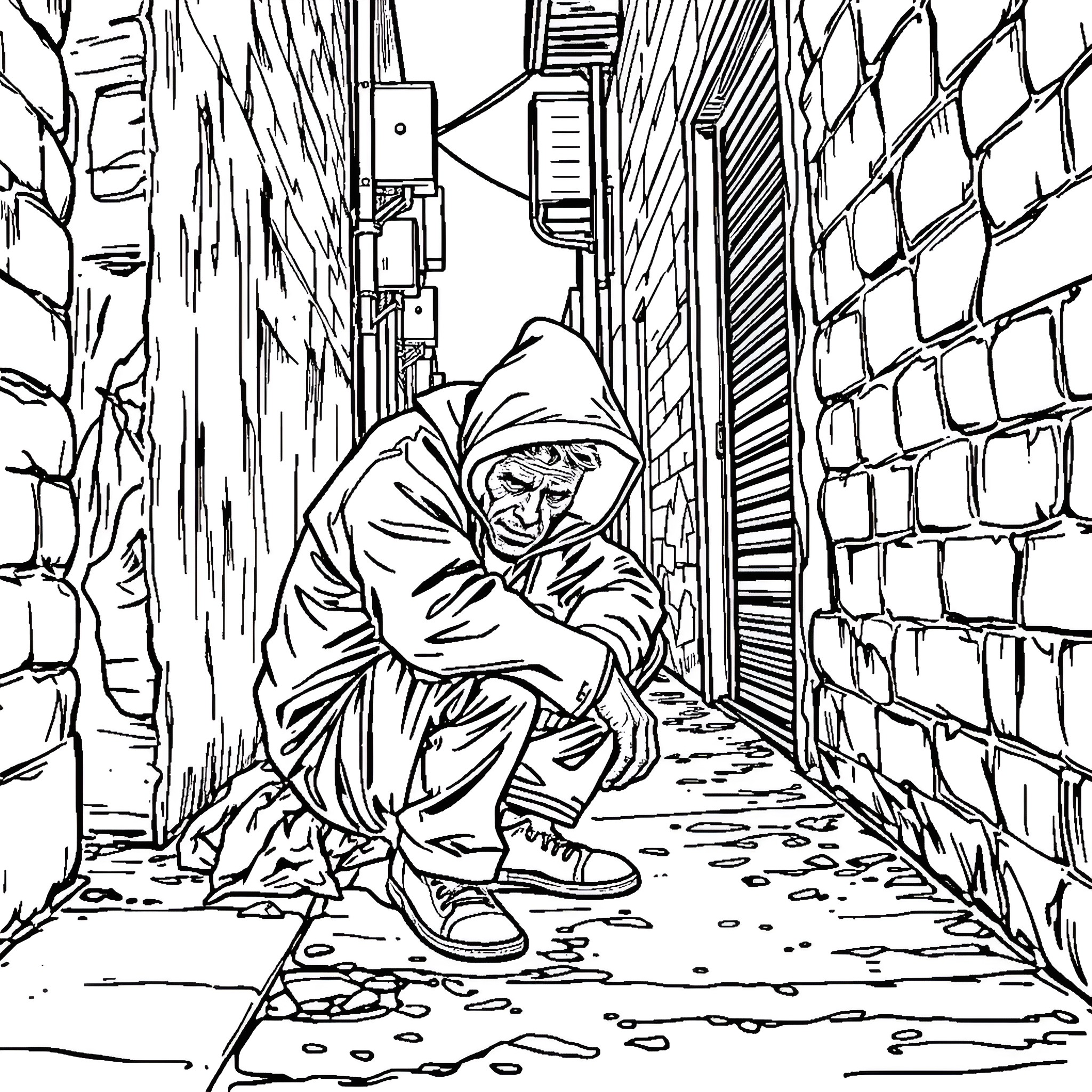 Homeless Man Seeking Shelter in an Alley Coloring Page (free black-and-white line drawing printable PDF for all, from beginners to advanced learners, including children, teens, adults, and seniors)