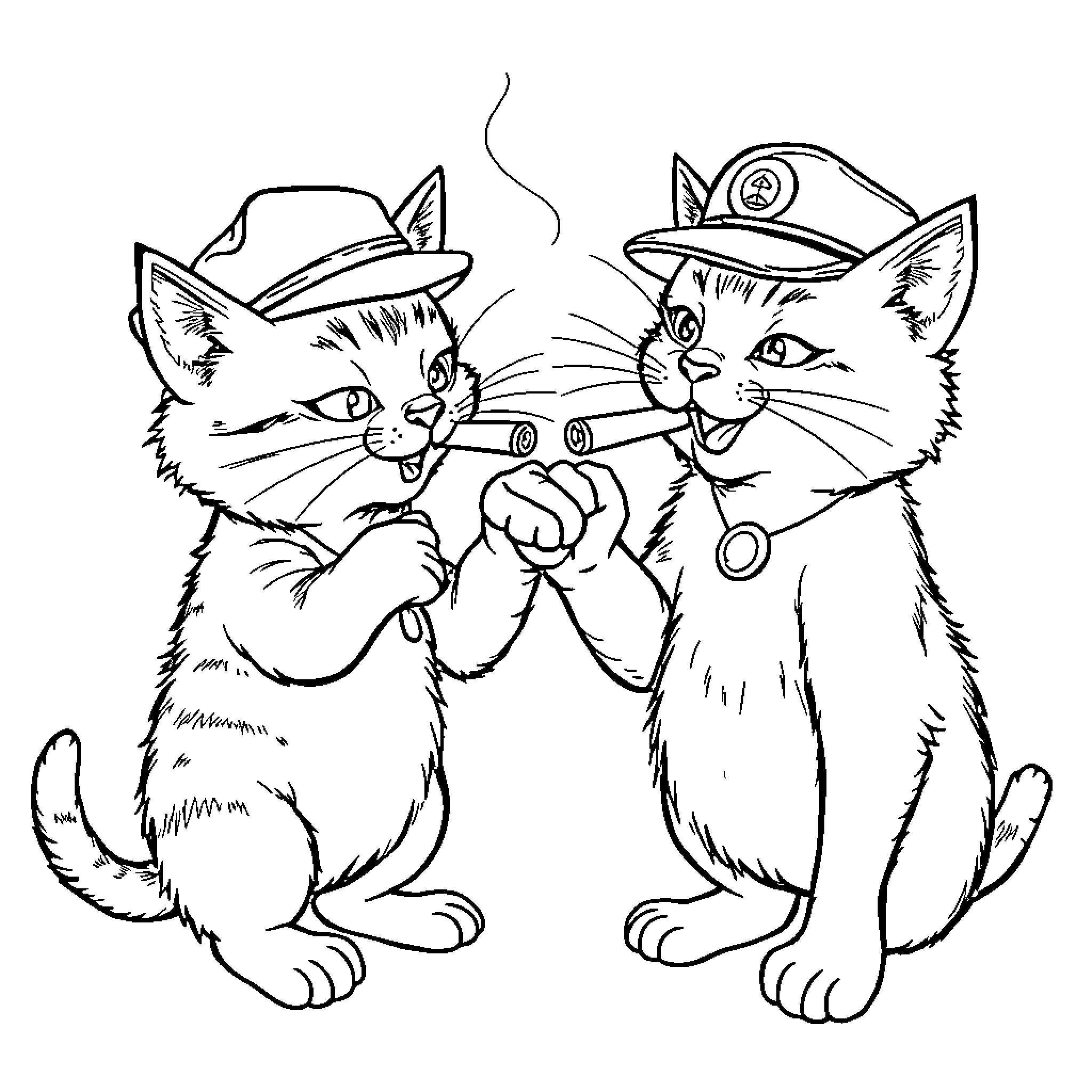 Cats in Uniform Playfully Engaging Coloring Page (free black-and-white line drawing printable PDF for all, from beginners to advanced learners, including children, teens, adults, and seniors)