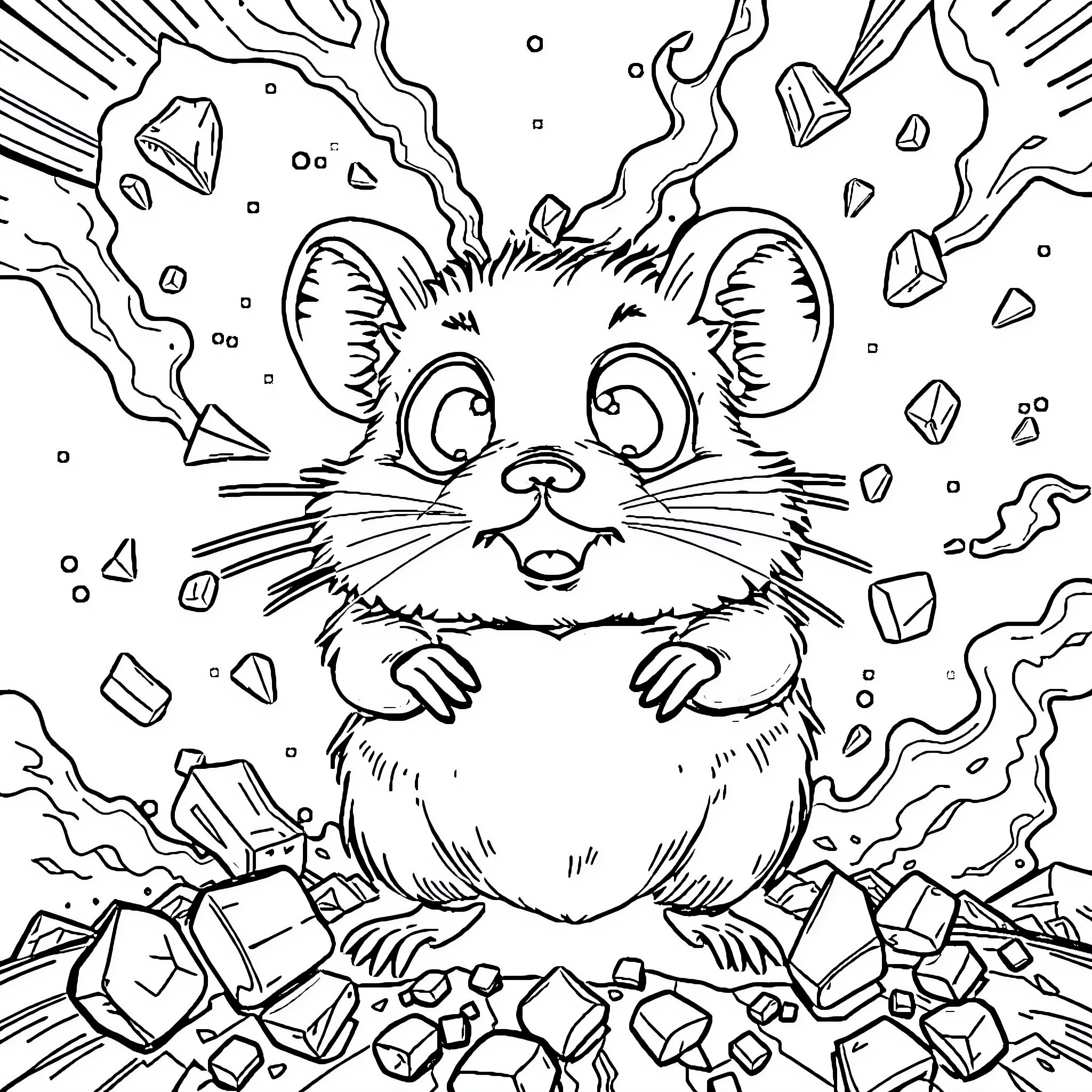 Hamster peeking through broken glass Coloring Page (free black-and-white line drawing printable PDF for all, from beginners to advanced learners, including children, teens, adults, and seniors)