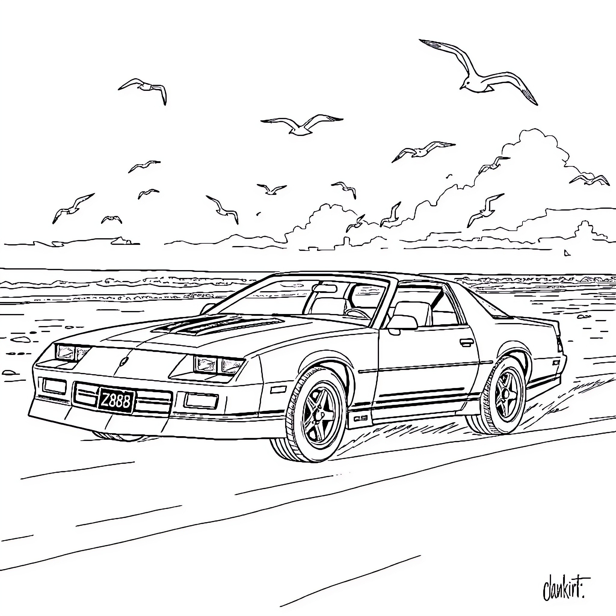 Camaro racing along the coastline with seagulls Coloring Page (free black-and-white line drawing printable PDF for all, from beginners to advanced learners, including children, teens, adults, and seniors)