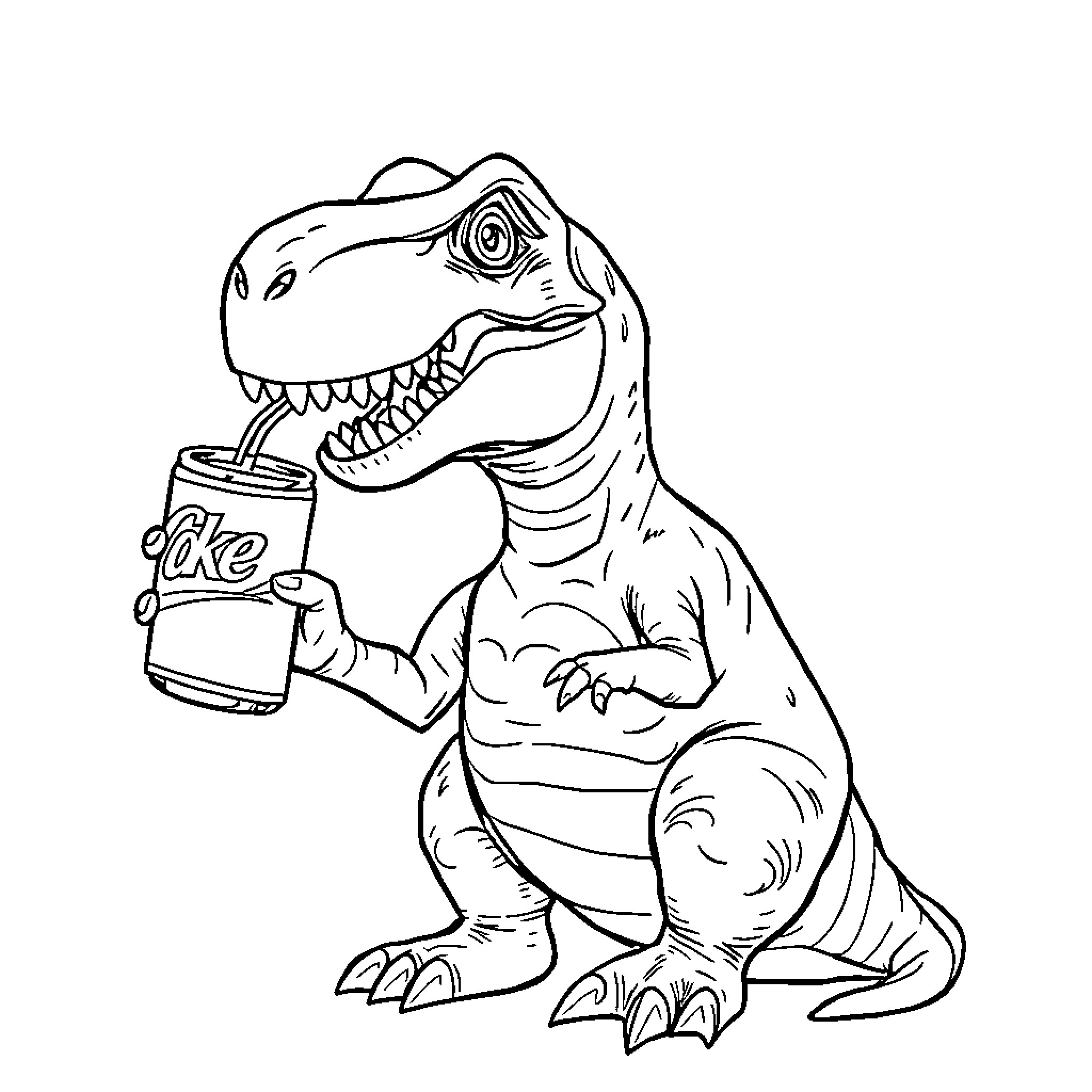 T-Rex Enjoying Refreshing Beverage Coloring Page (free black-and-white line drawing printable PDF for all, from beginners to advanced learners, including children, teens, adults, and seniors)